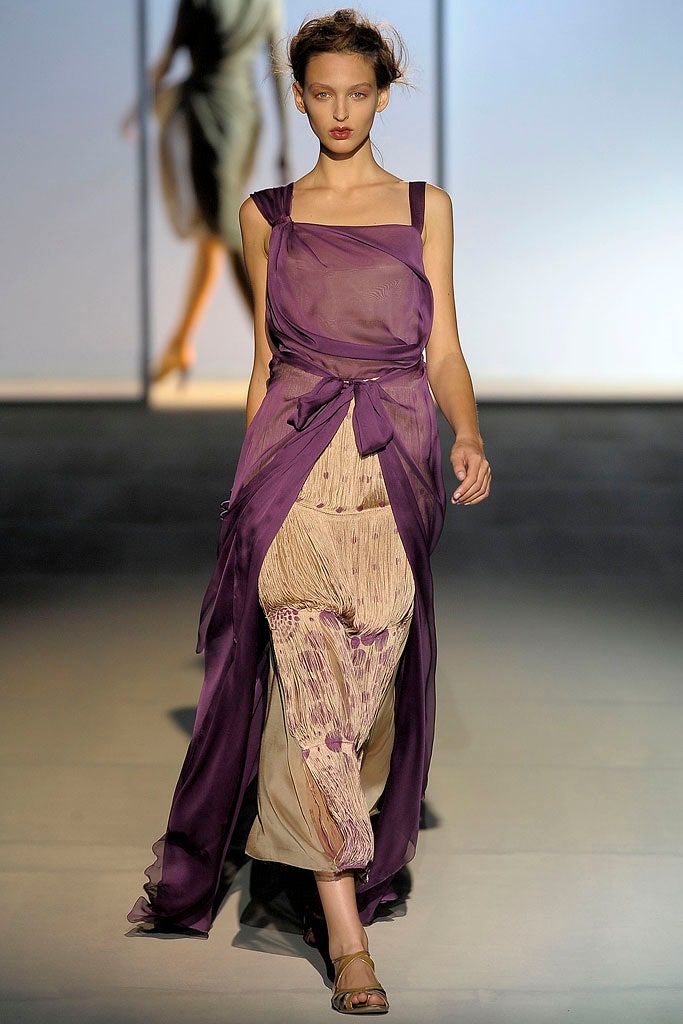 purple silk draped midi dress