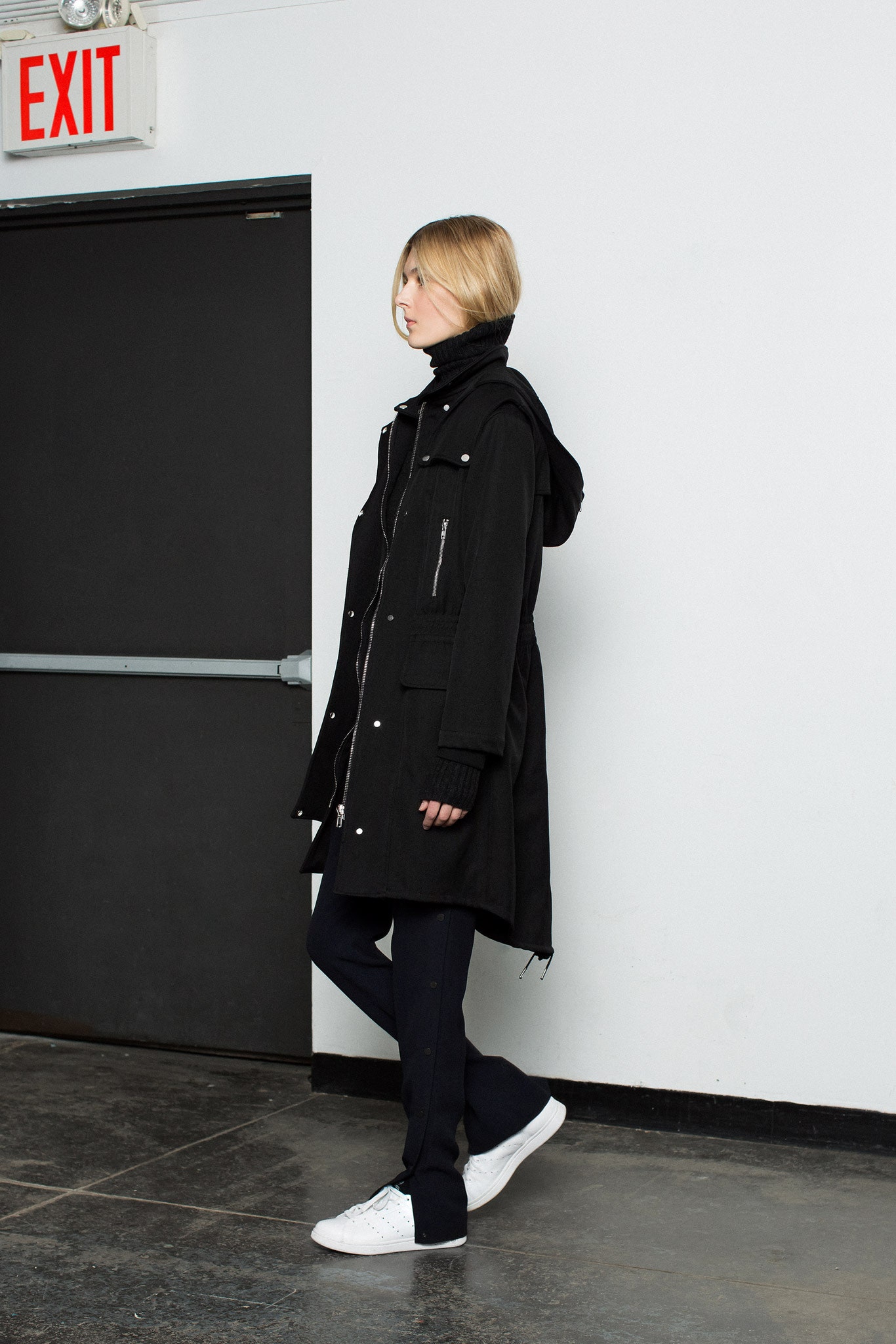 black wool coat with hood