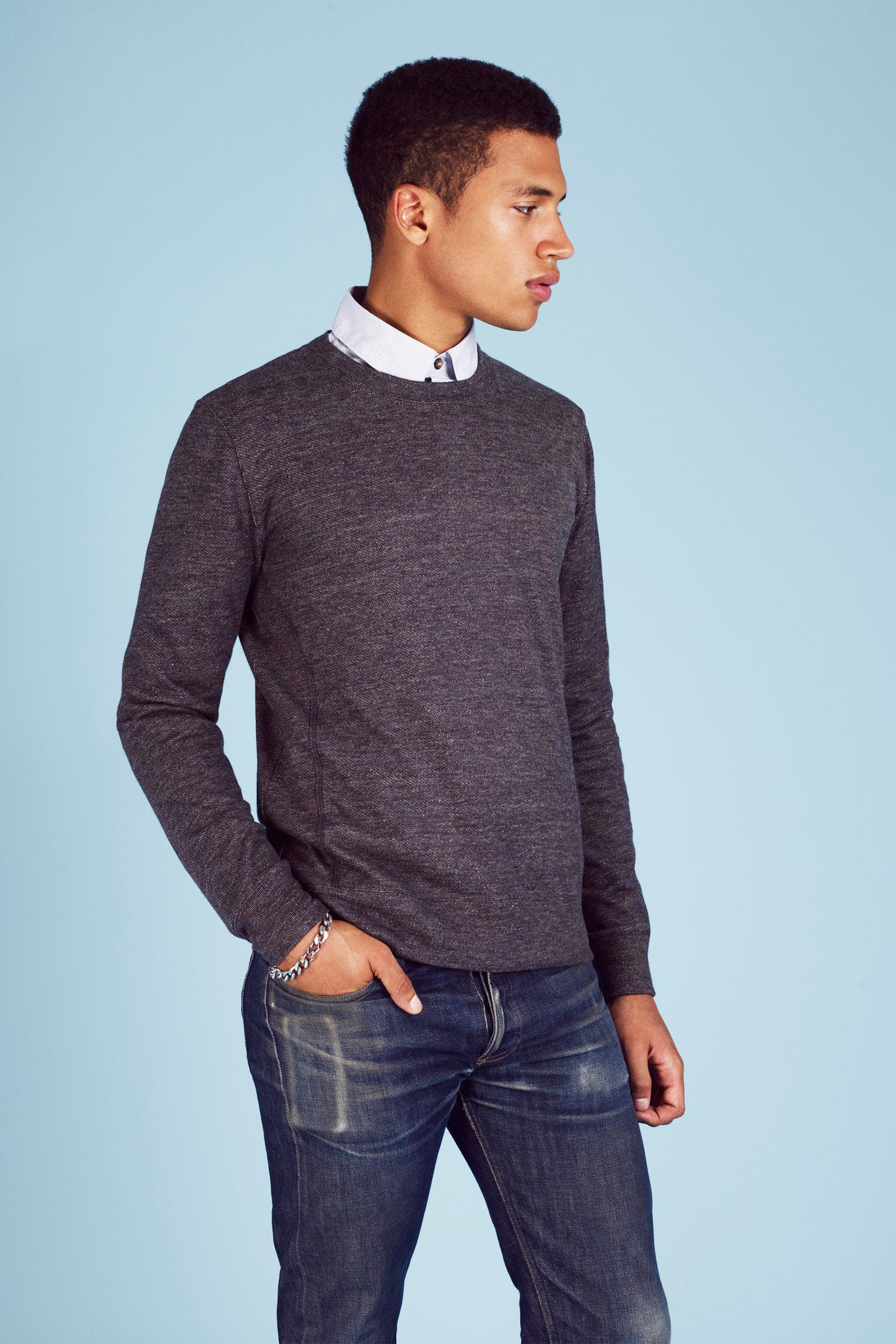 gray sweater with white shirt