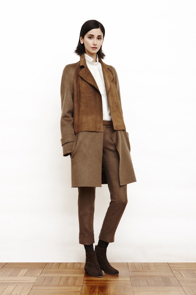 brown wool coat with tailored pants