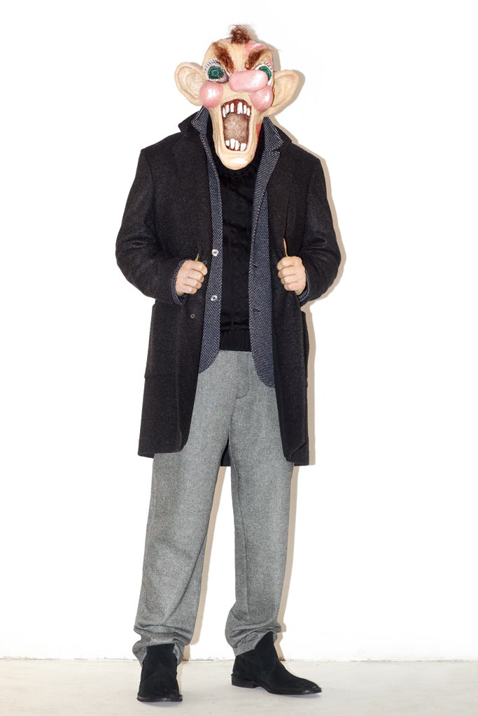 black wool coat gray pants