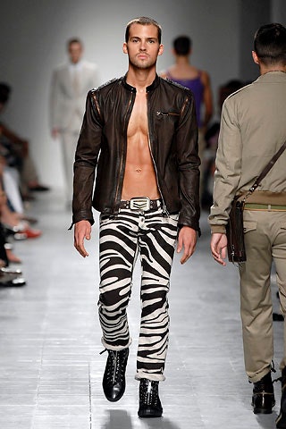 brown leather fitted jacket with zebra pants