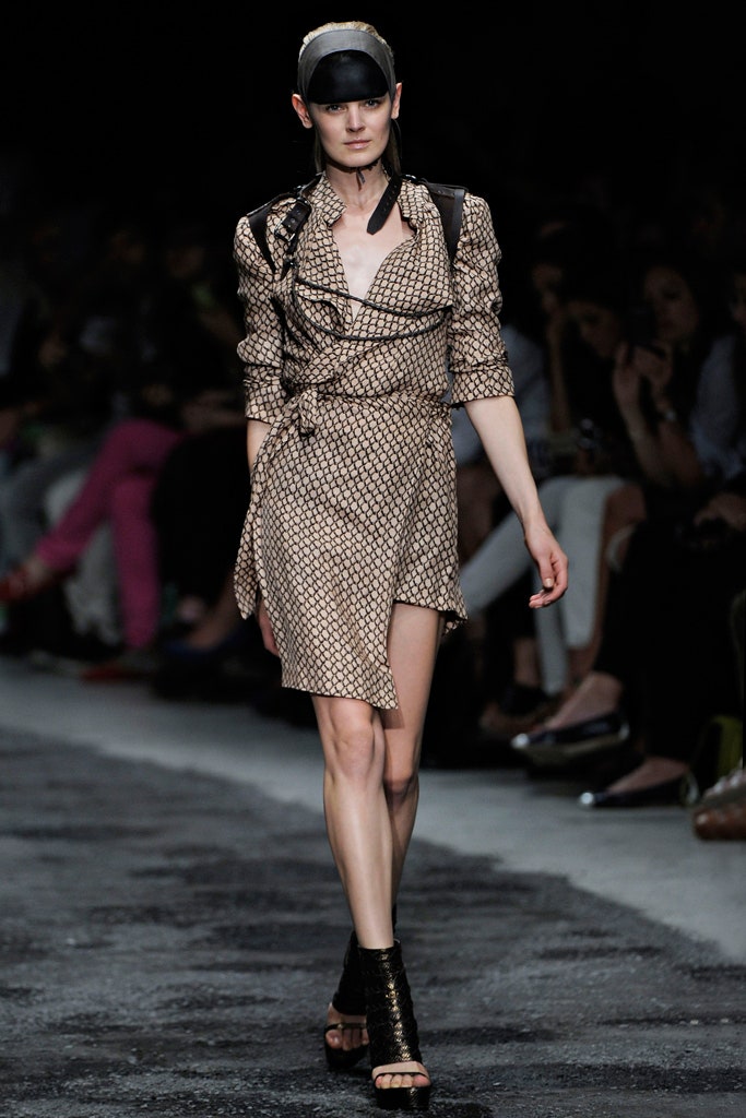 beige silk long-sleeve v-neck fitted printed belted dress
