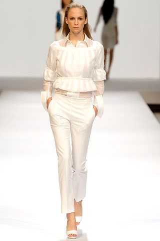 white silk blouse and tailored pants