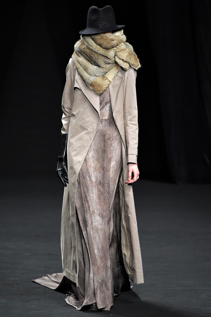 beige trench coat with brown gown