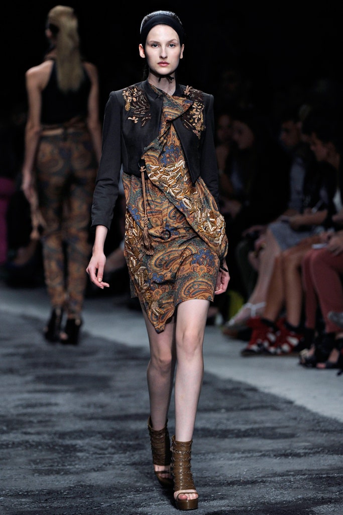 brown silk sleeveless v-neck fitted printed draped dress