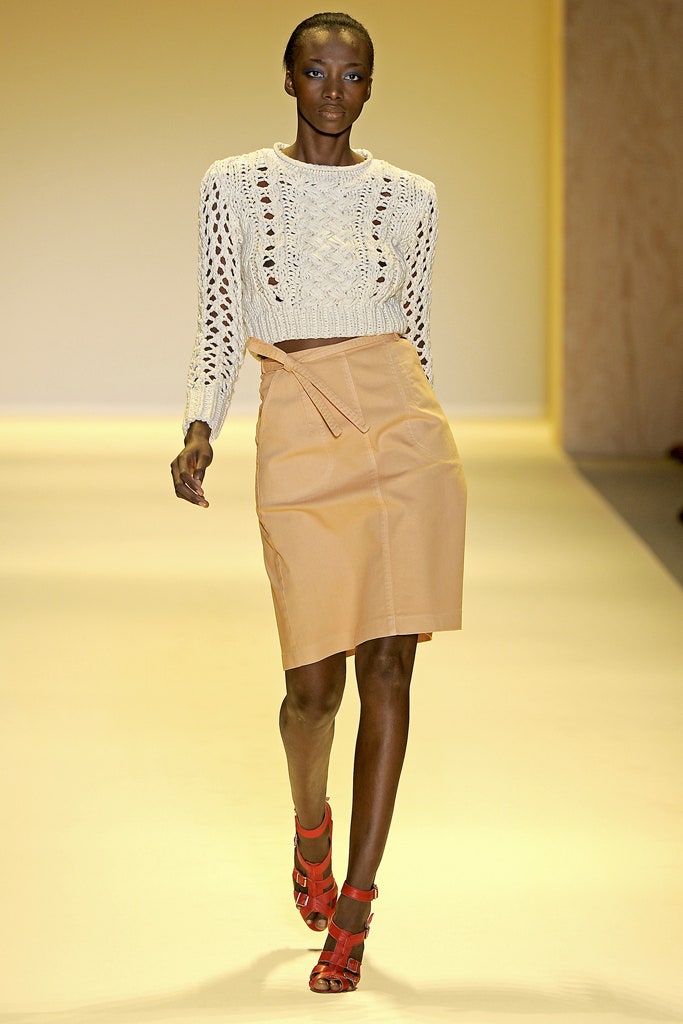 white fitted crochet top beige pencil skirt