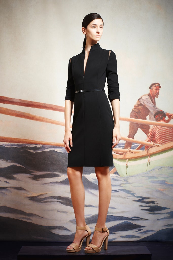 black cotton long-sleeve v-neck fitted structured pencil dress