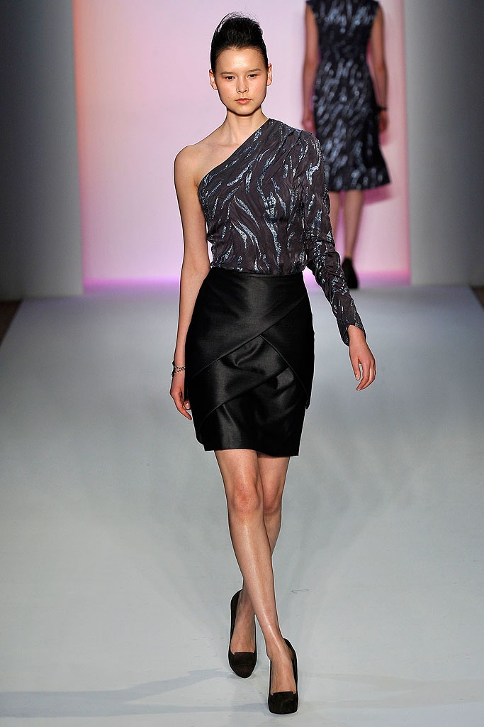 asymmetric silk top and pleated skirt