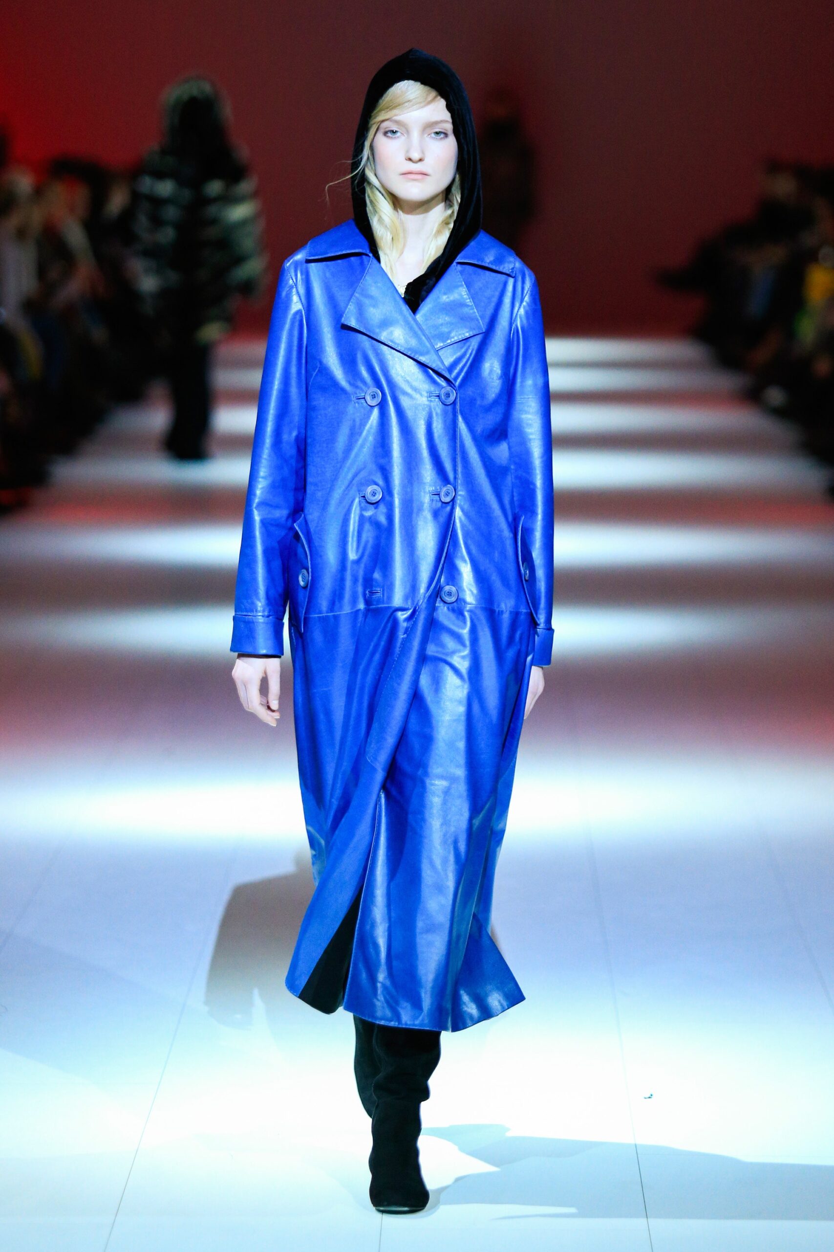blue leather hooded trench coat