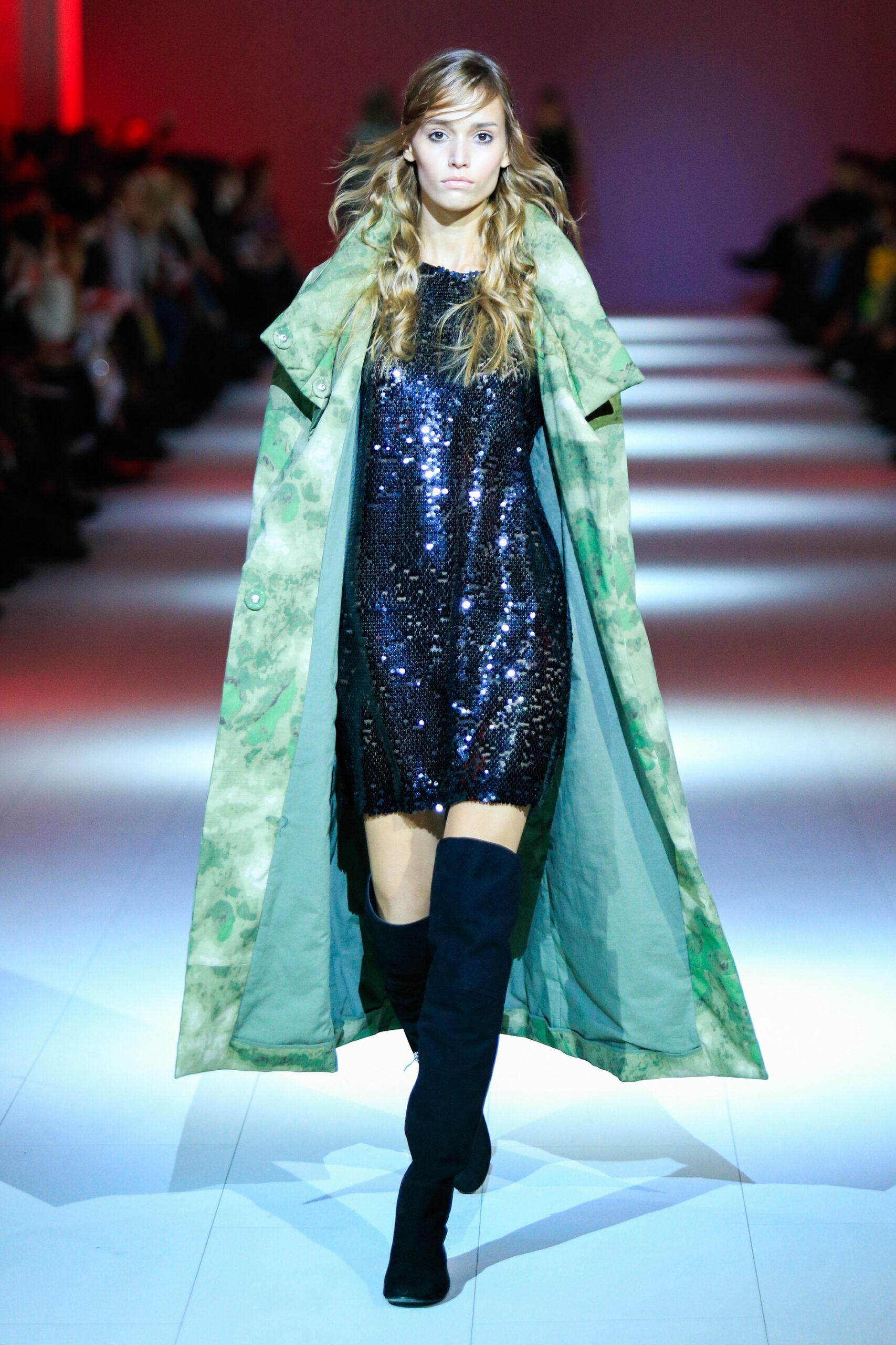 green cotton long-sleeve collared relaxed layered midi coat