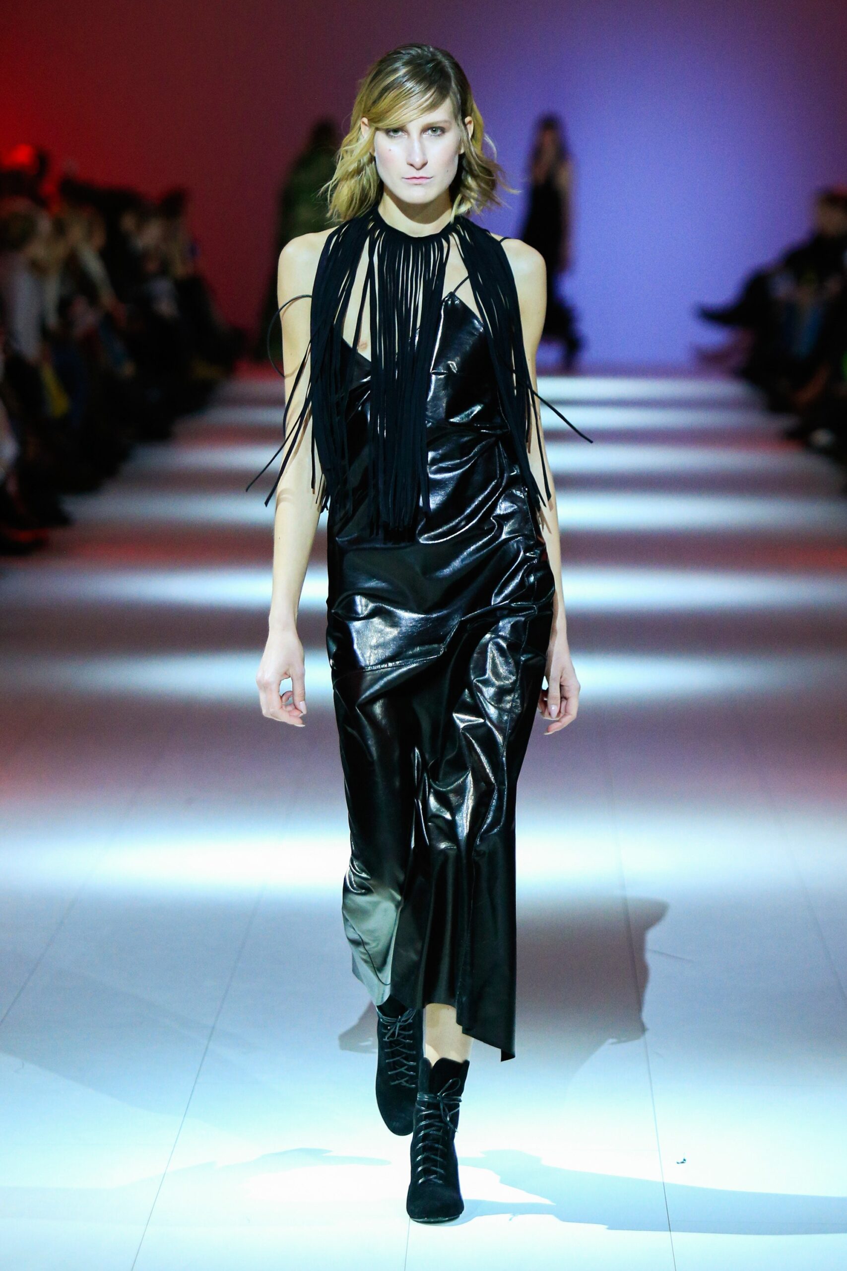 black leather sleeveless v-neck fitted fringed midi dress