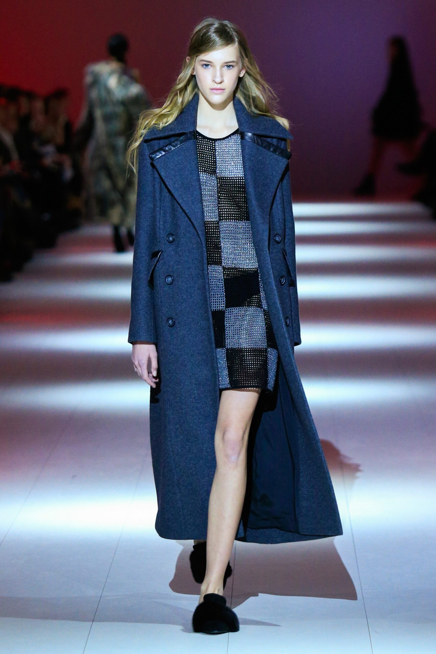 blue wool long-sleeve collared fitted layered coat