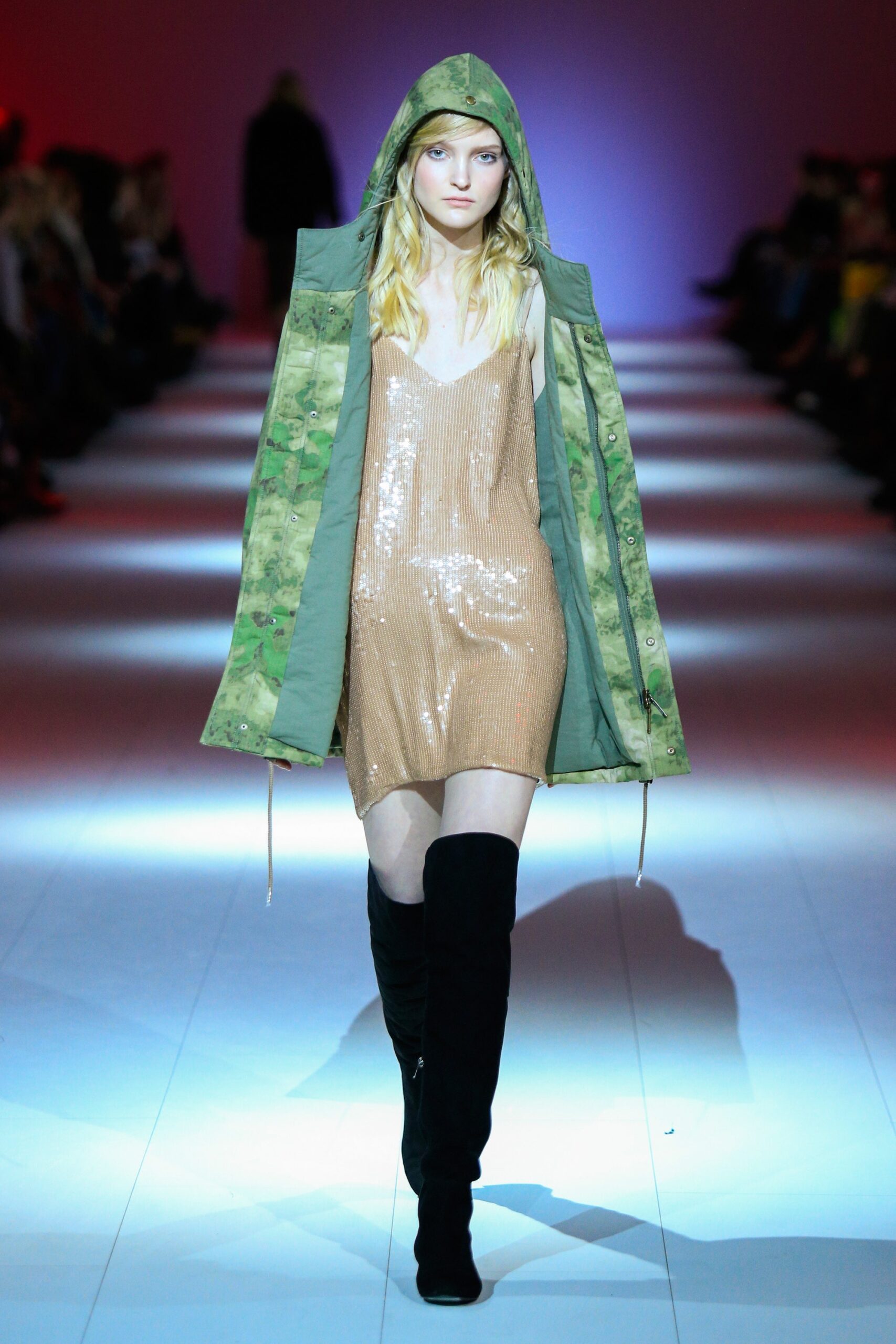 green vinyl hooded relaxed camouflage jacket