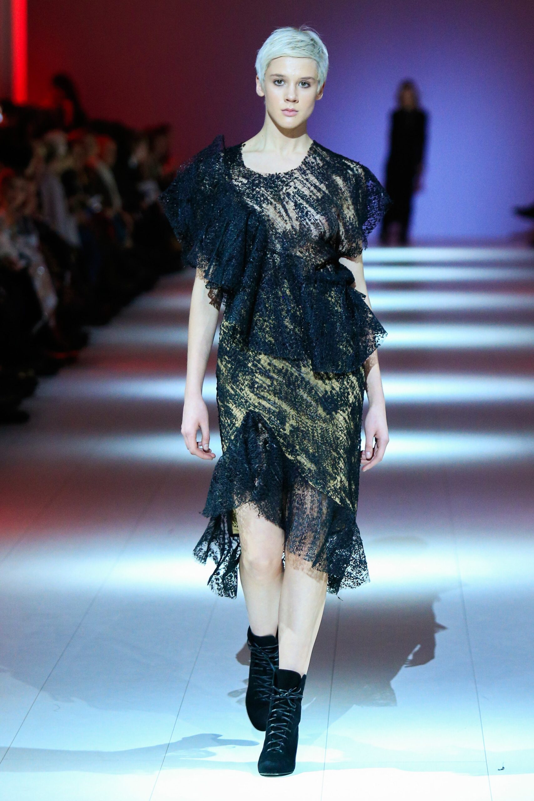black and gold ruffled lace dress