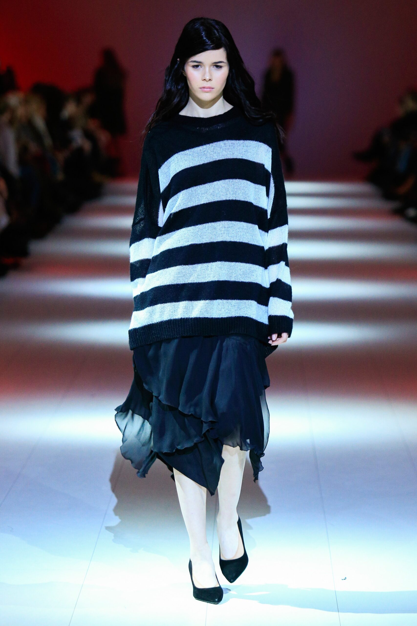 black chiffon asymmetric fitted tiered flowing midi skirt