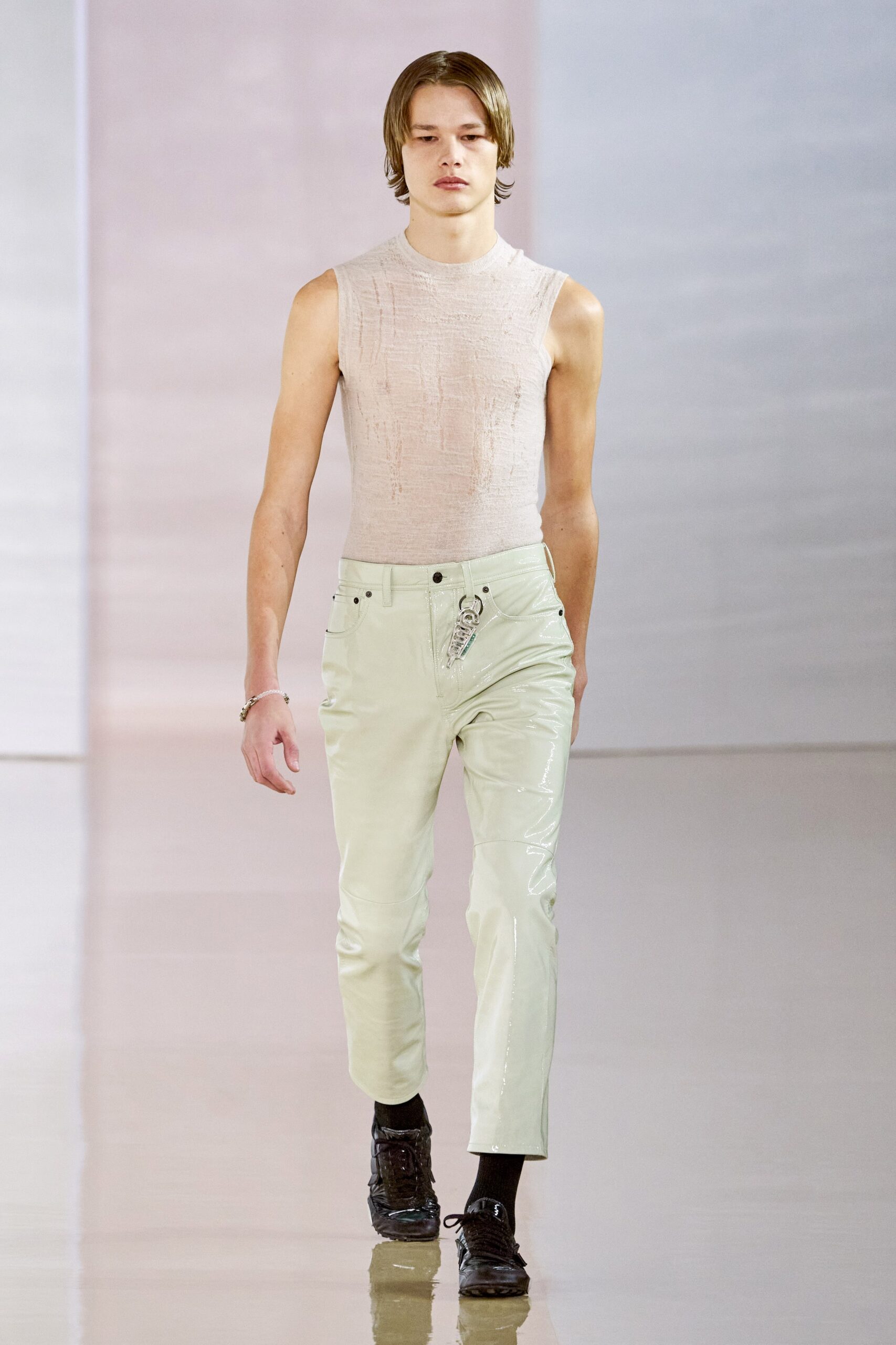 green vinyl slim straight-leg shiny pants