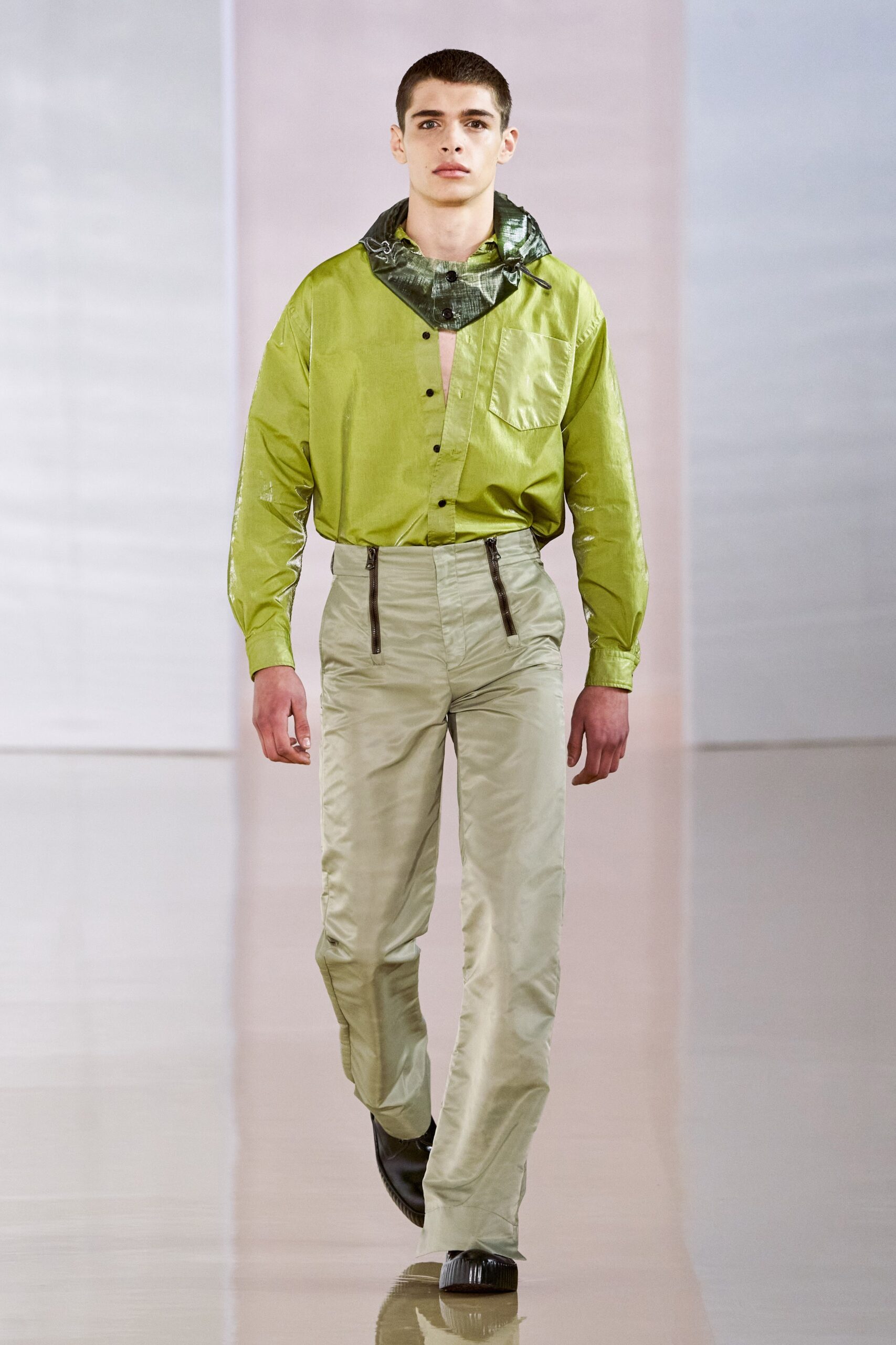 green silk long-sleeve collared relaxed buttoned shirt