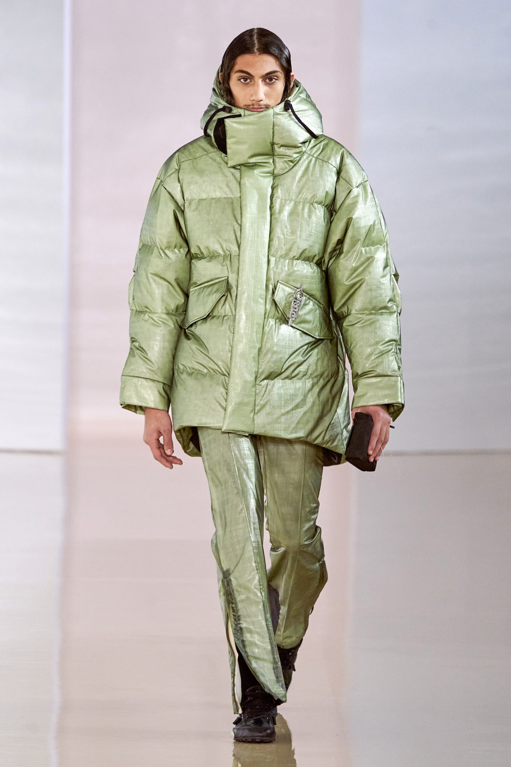 green vinyl slim straight-leg shiny pants