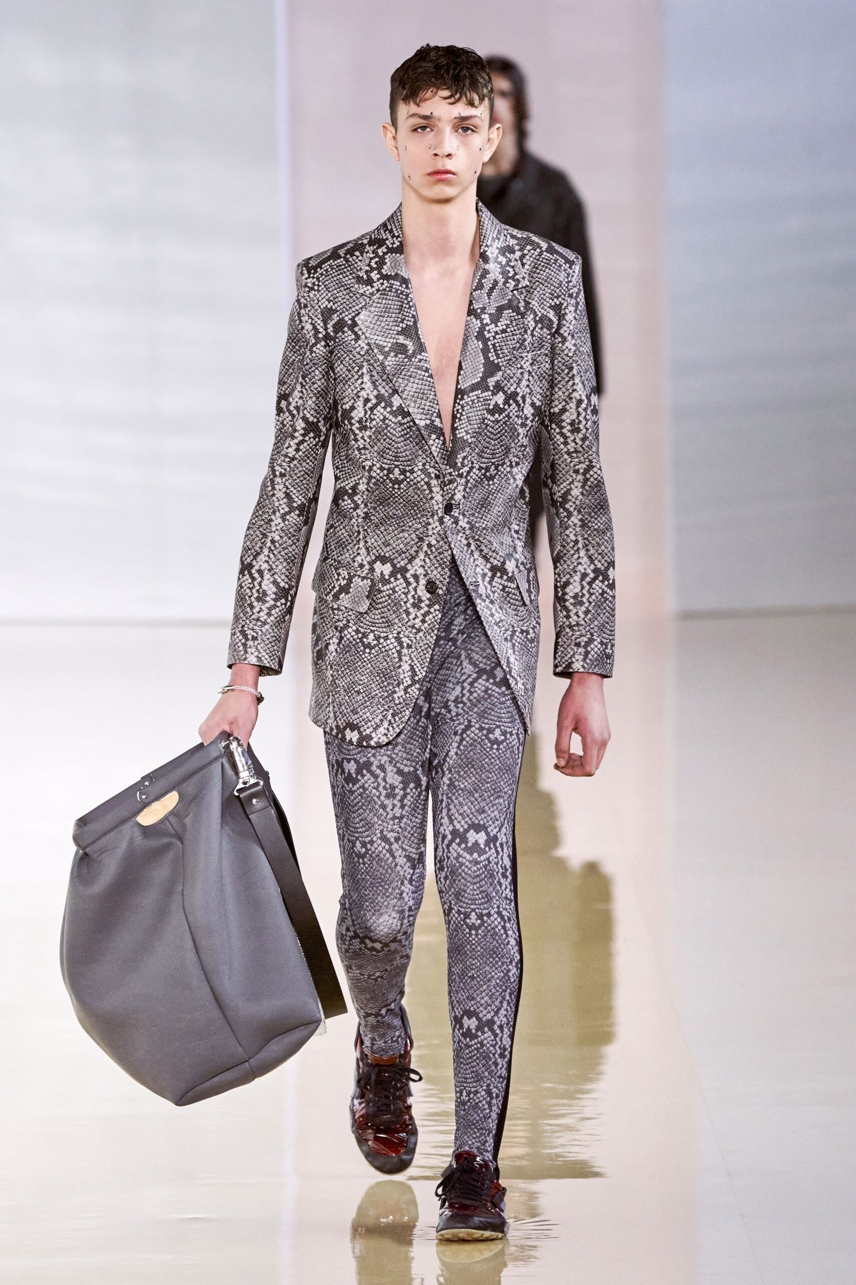 gray printed suit with bag