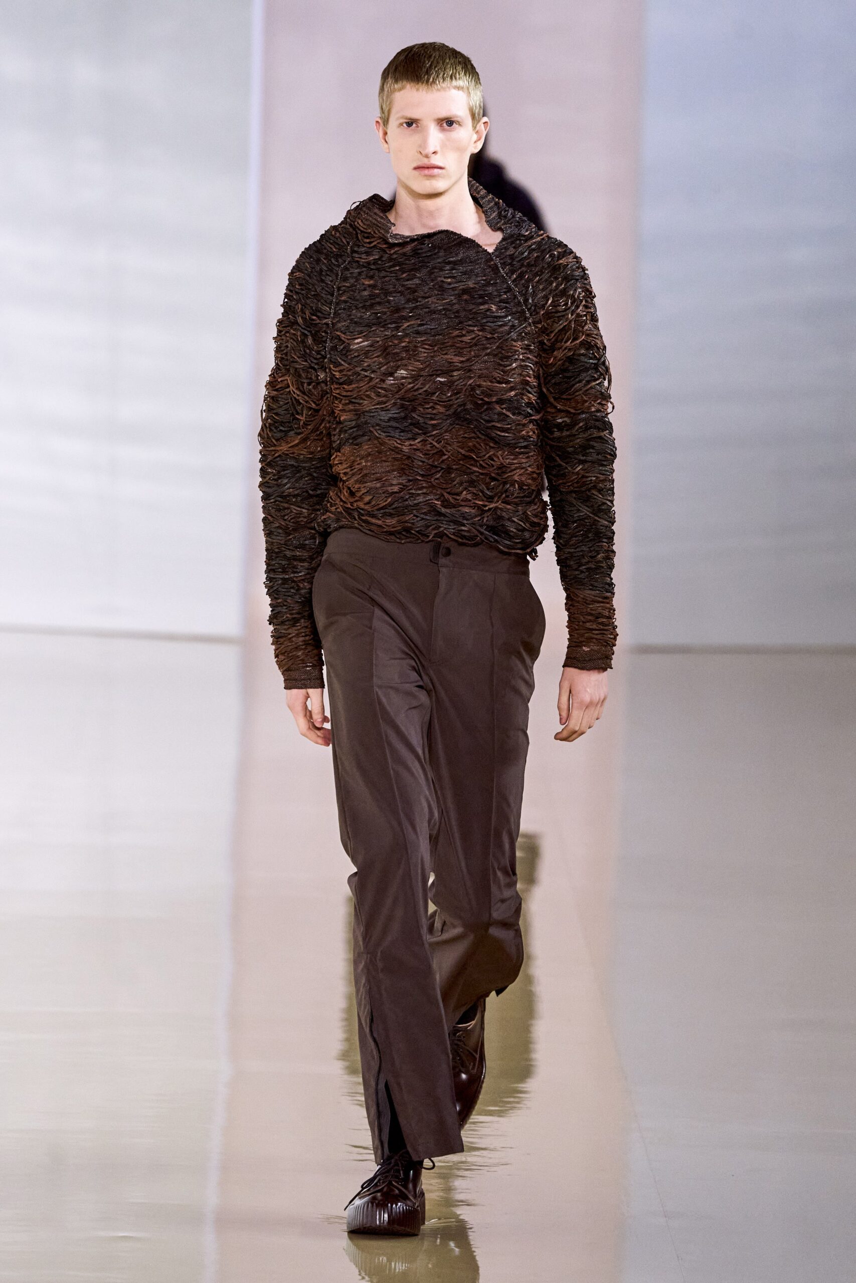 brown wool long-sleeve high-neck fitted textured sweater