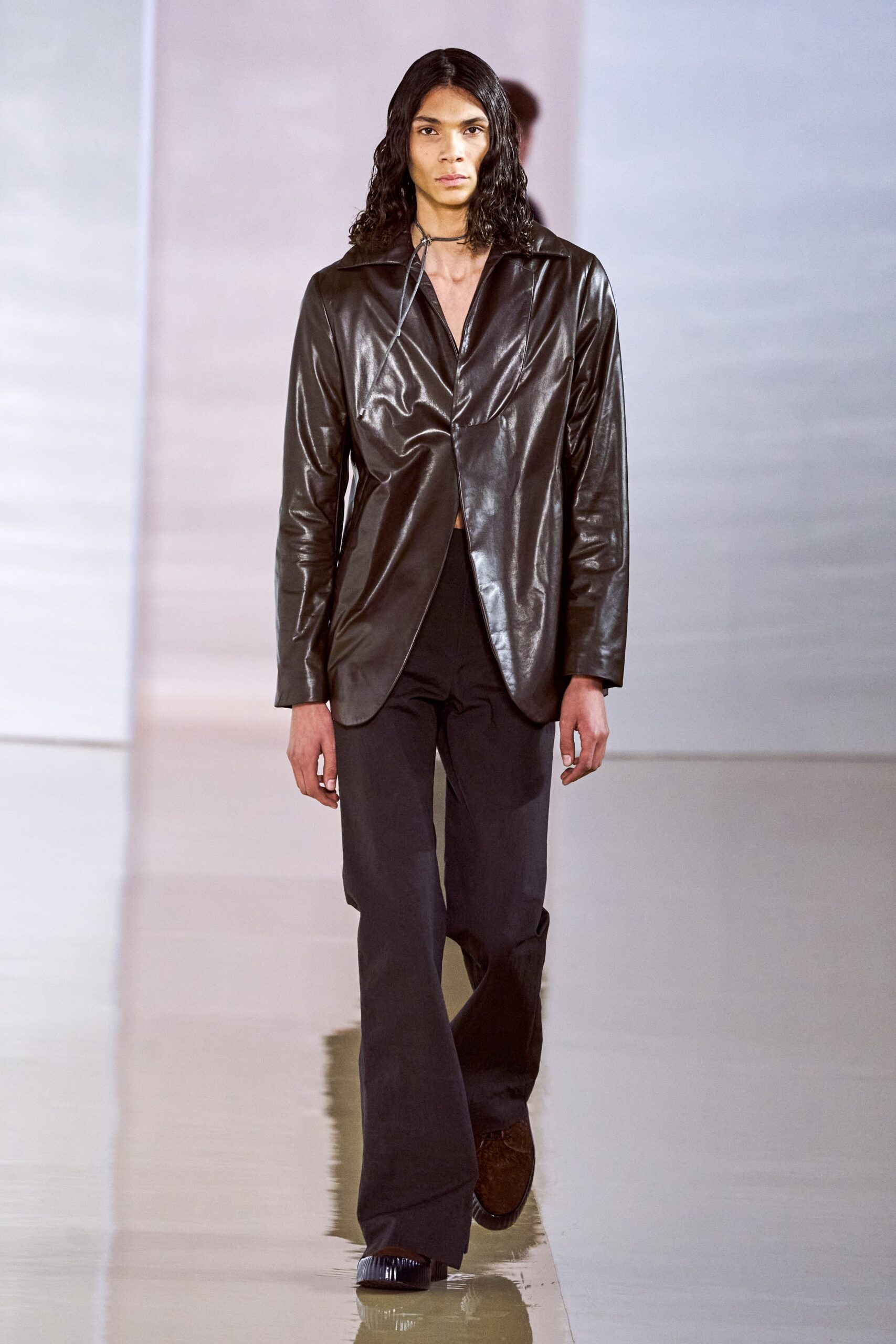 black leather long-sleeve collared fitted draped jacket