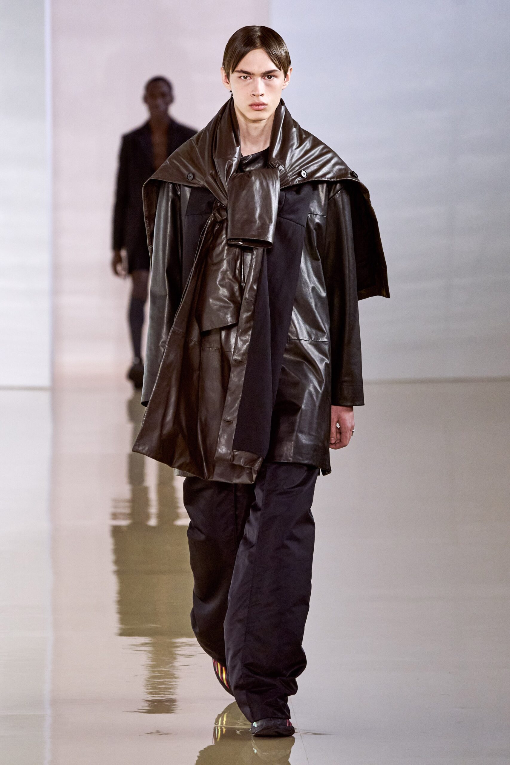 black leather long-sleeve collared relaxed draped coat
