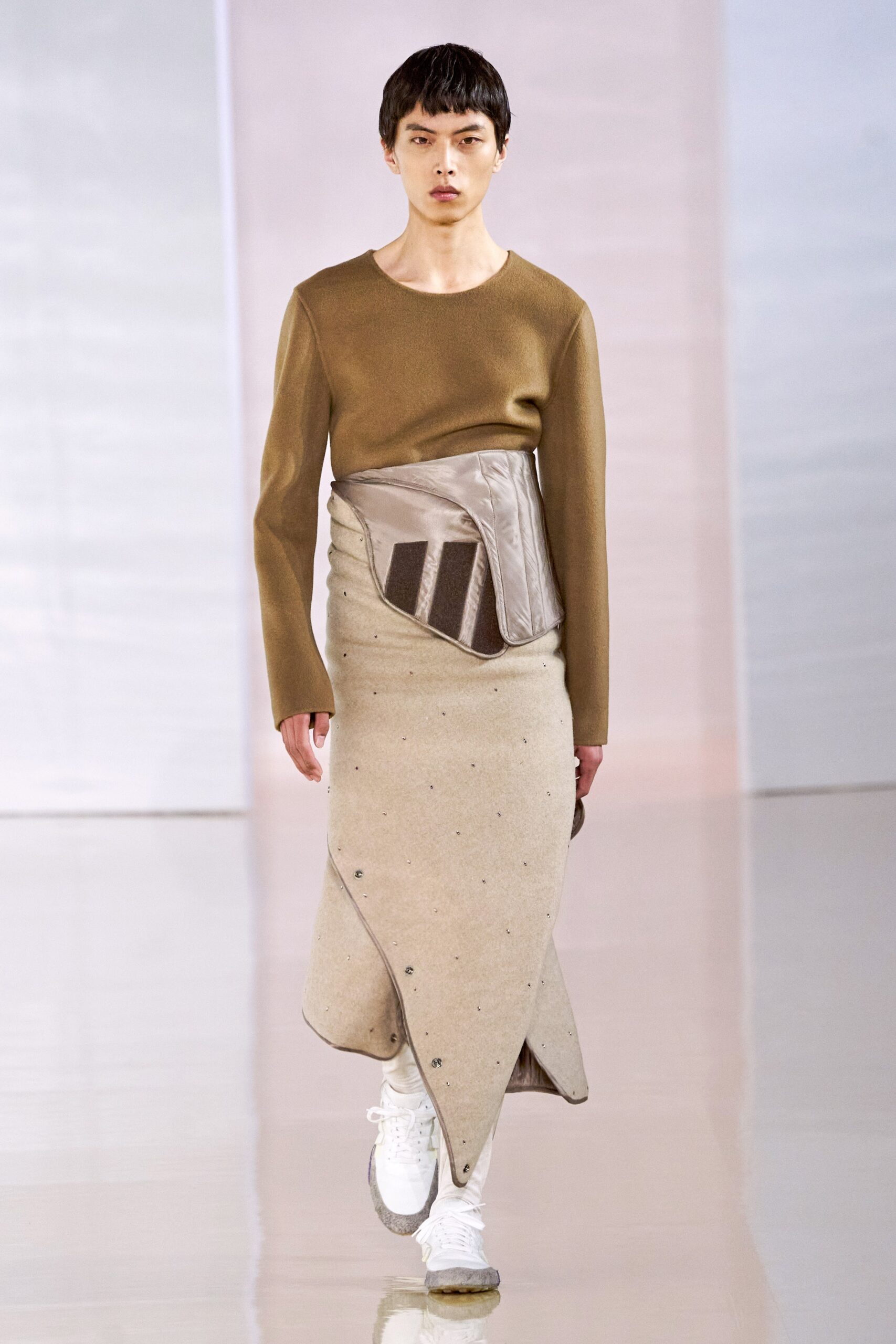 beige wool asymmetric fitted high-waisted buttoned midi skirt