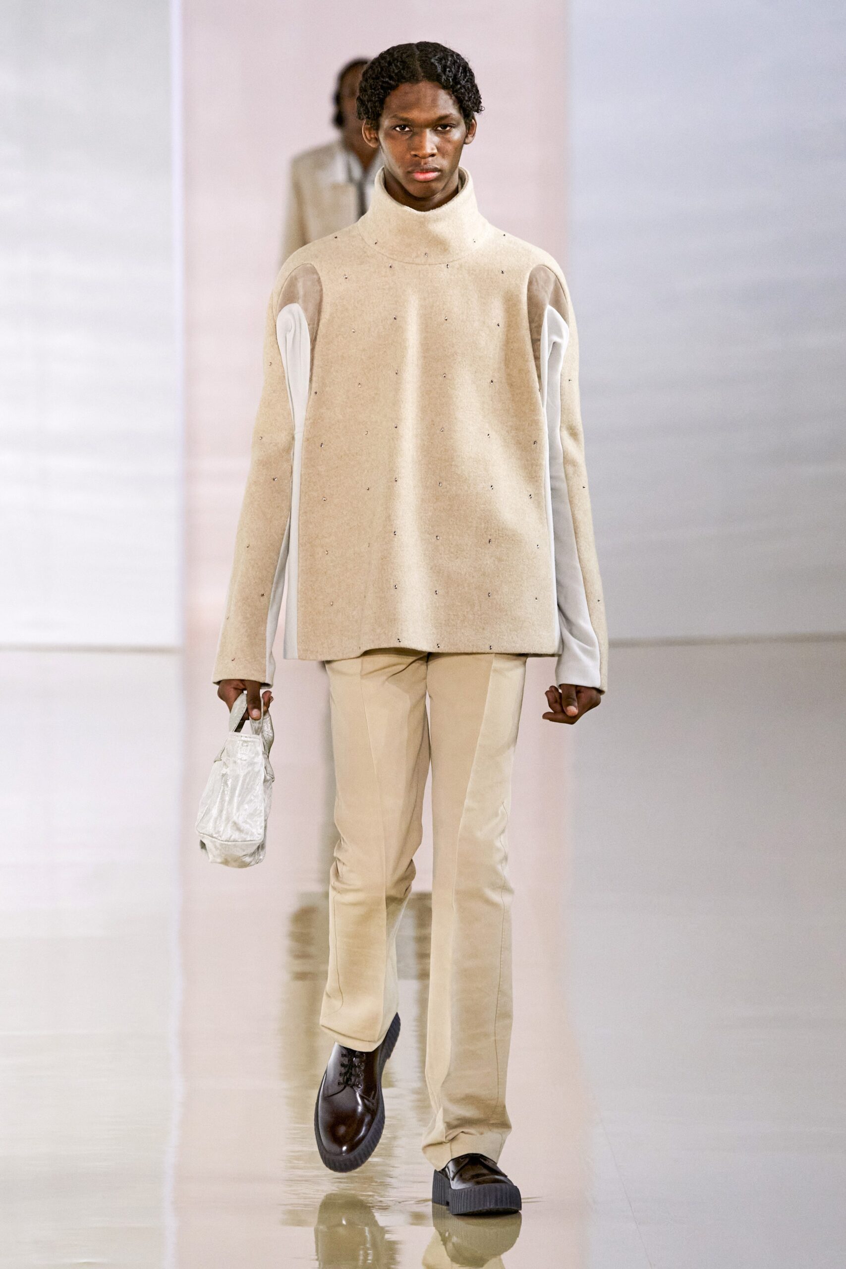 beige wool long-sleeve high-neck relaxed layered top