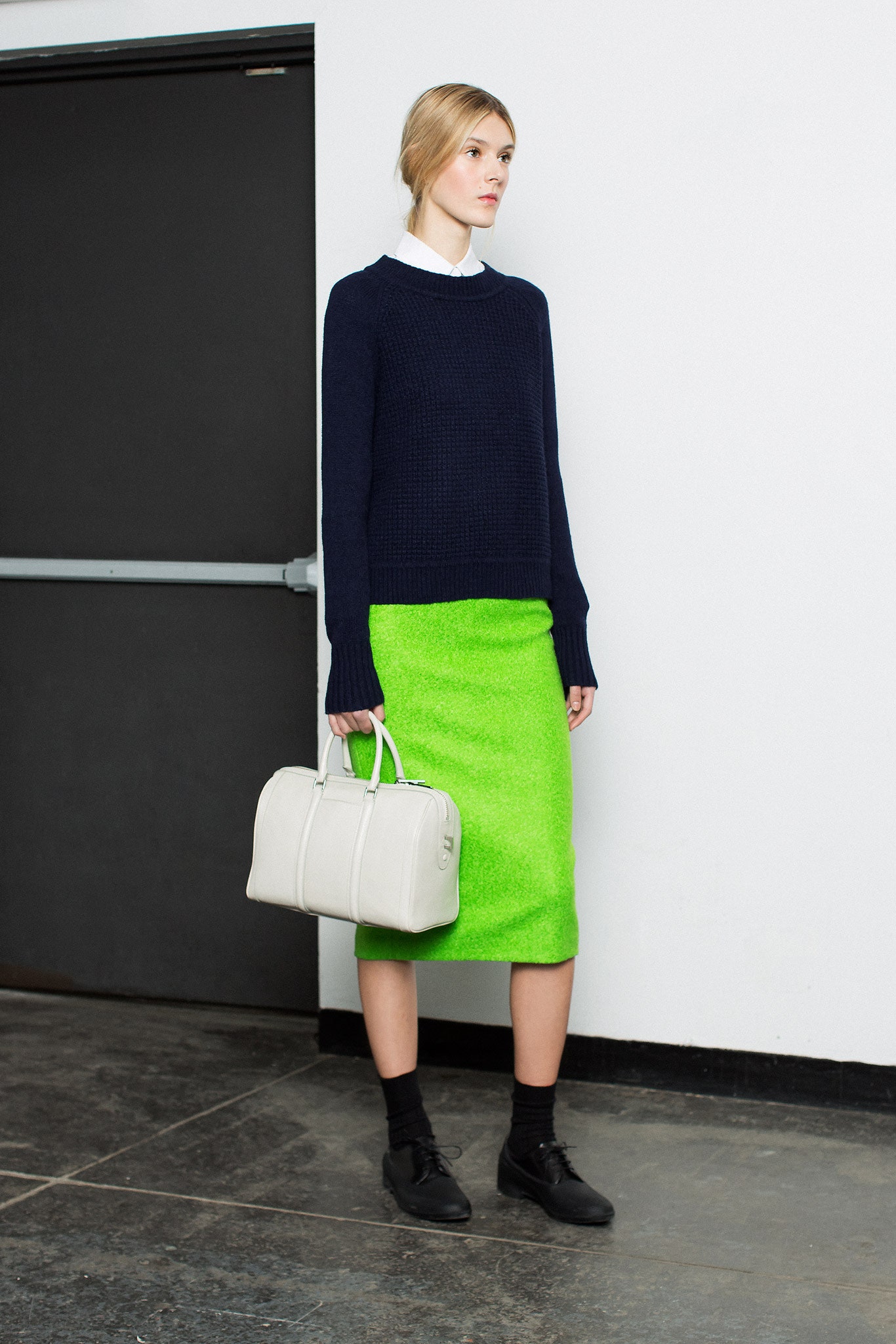 navy sweater green pencil skirt