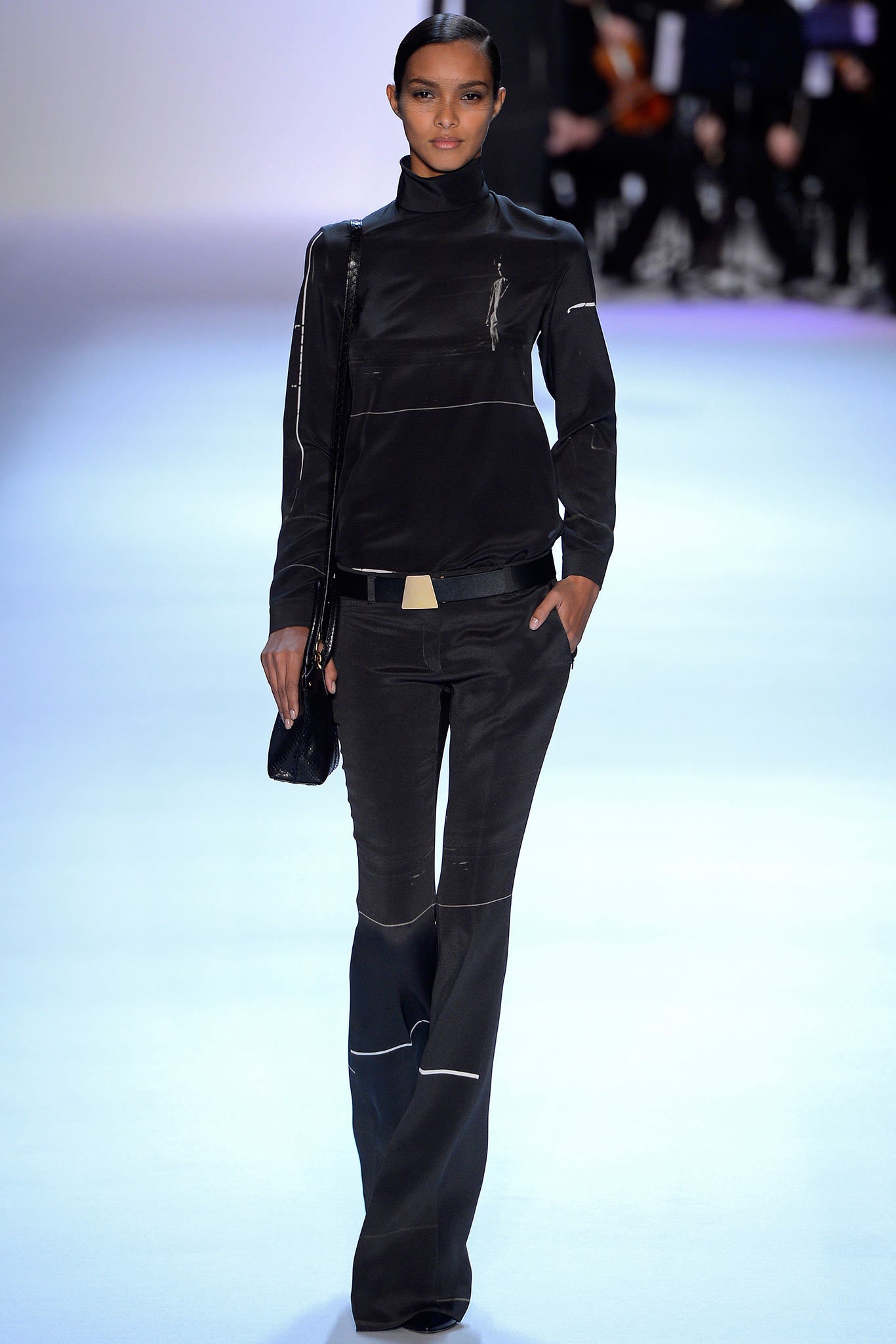 black leather long-sleeve high-neck fitted zippered top