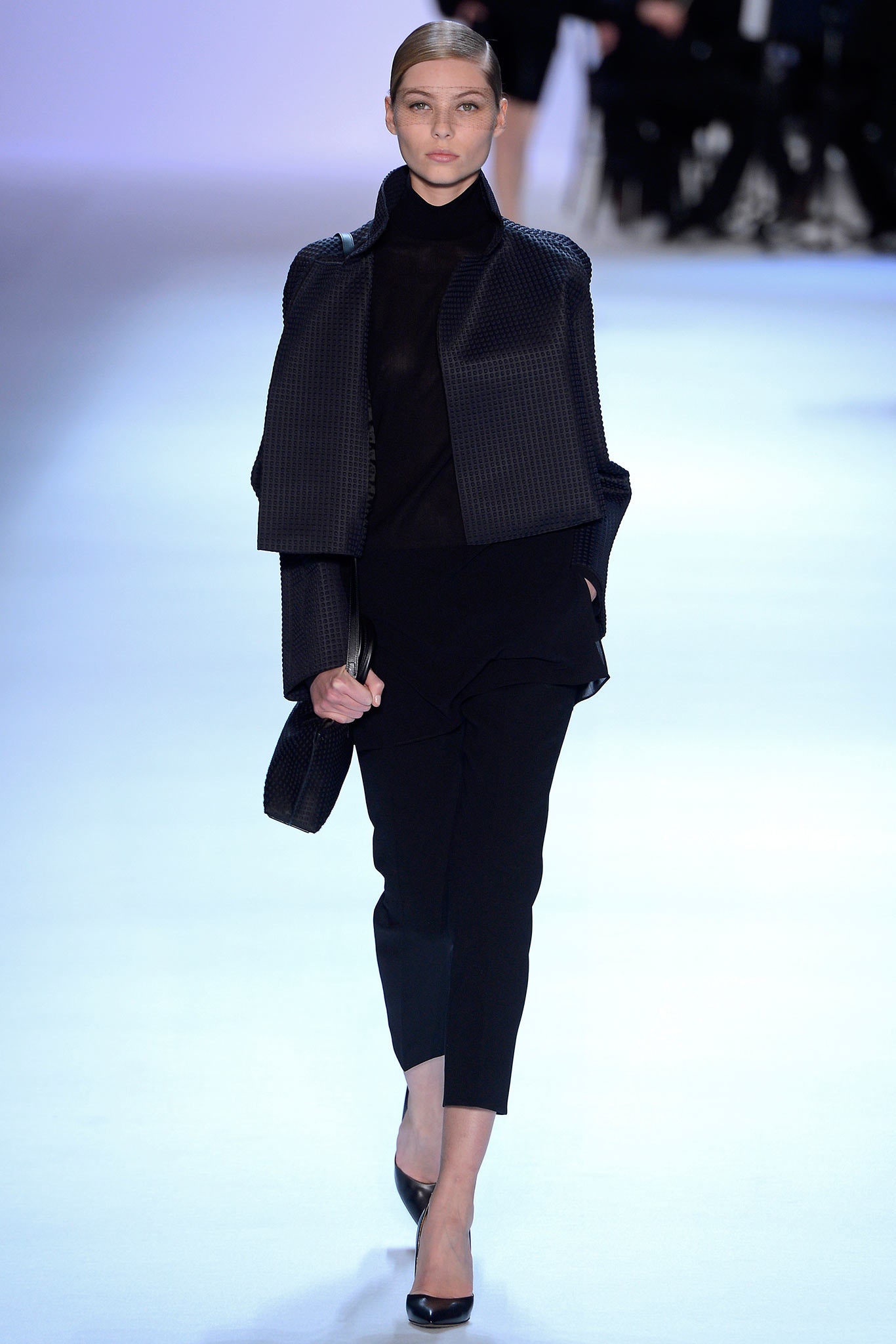 black silk long-sleeve collared structured zippered jacket