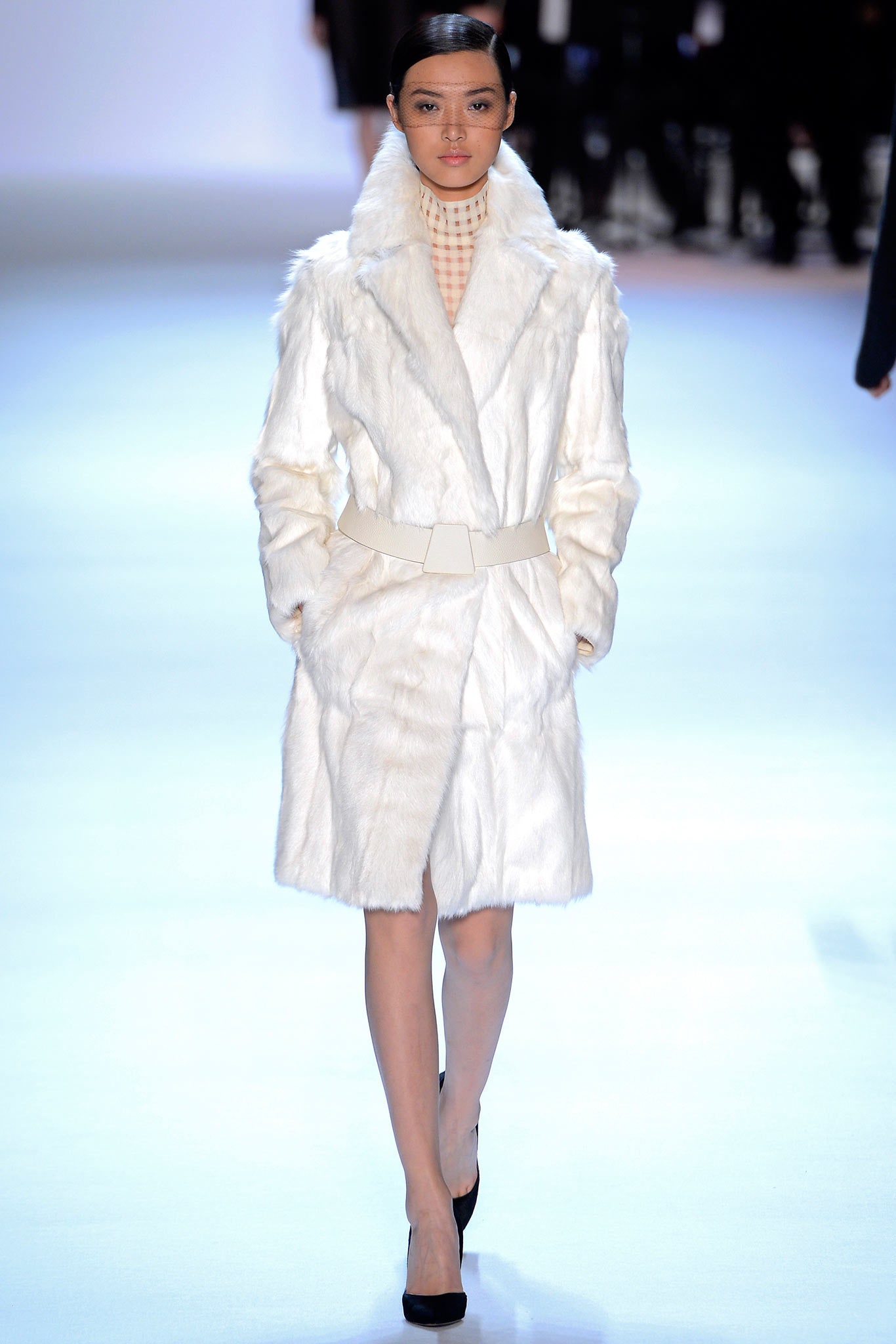 white faux-fur belted coat