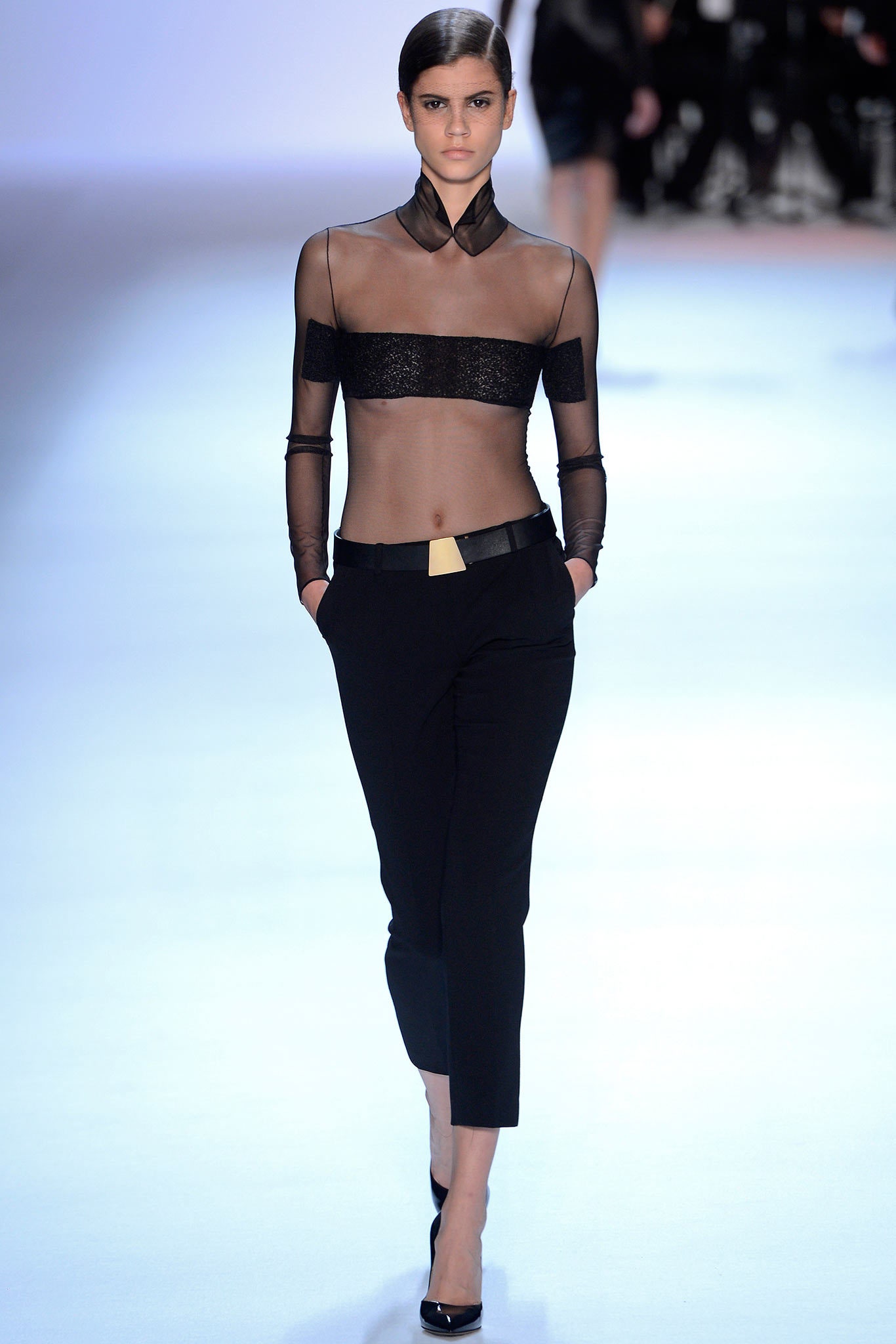 black mesh sleeveless collared fitted sheer flowing top