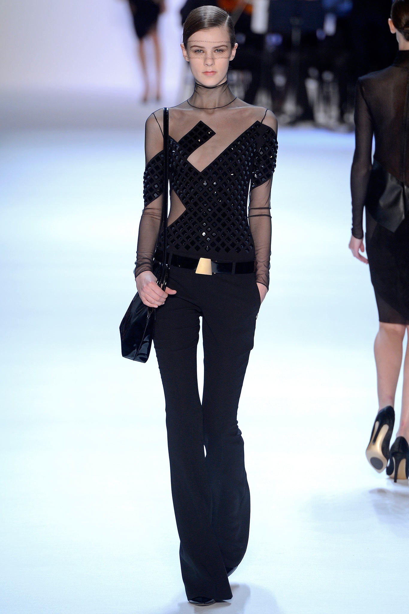 black silk sleeveless off-shoulder fitted beaded sheer top