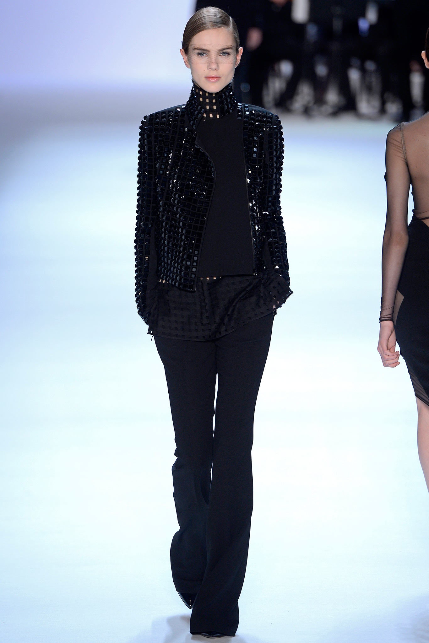black silk long-sleeve collared fitted sequined shiny jacket