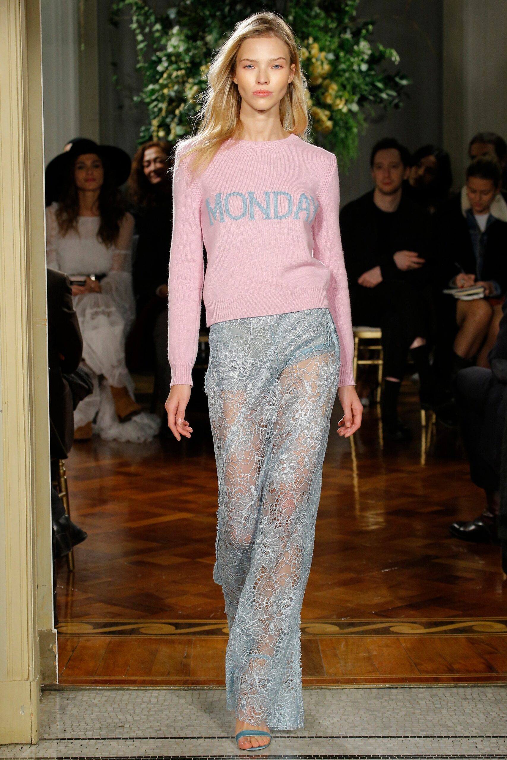 blue lace fitted high-waisted flared sheer pants