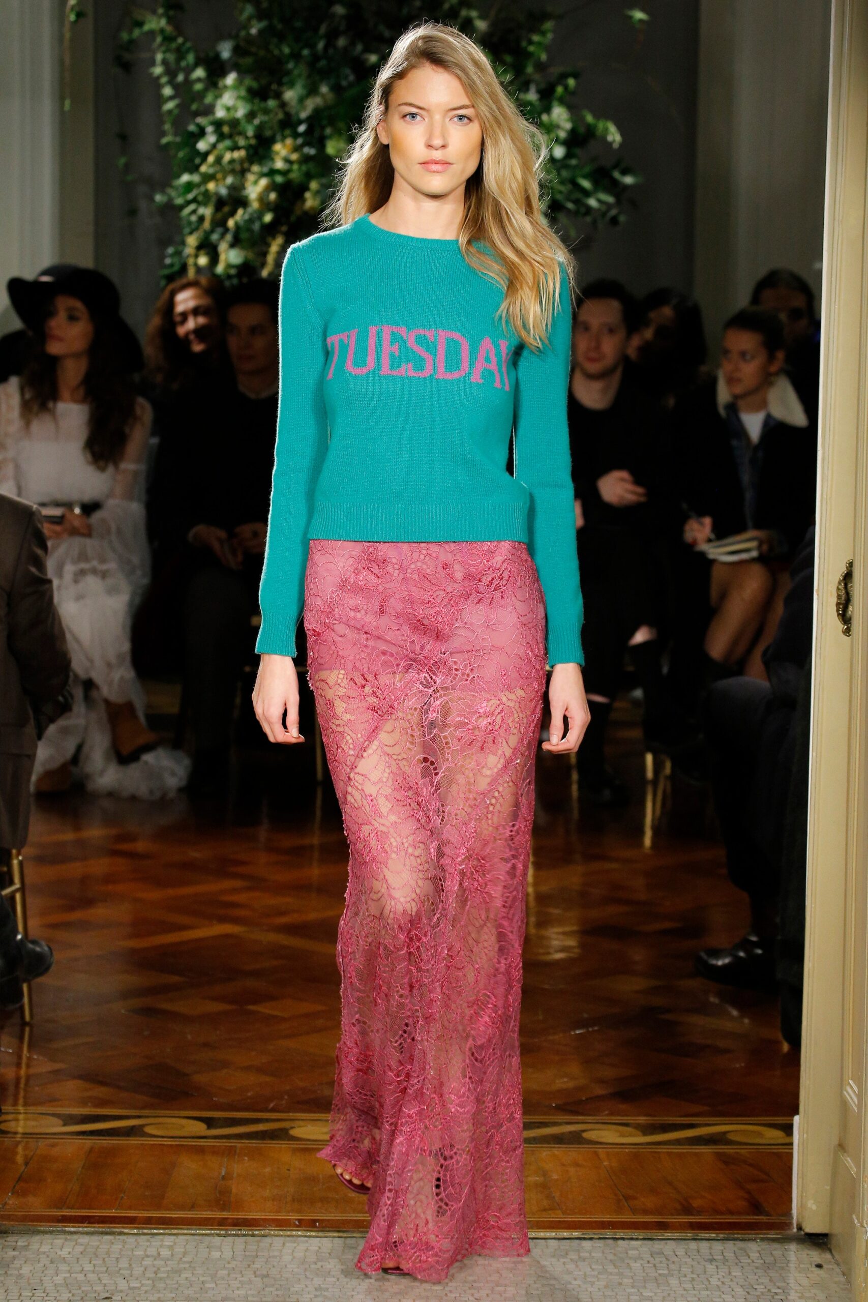 teal sweater and pink lace skirt