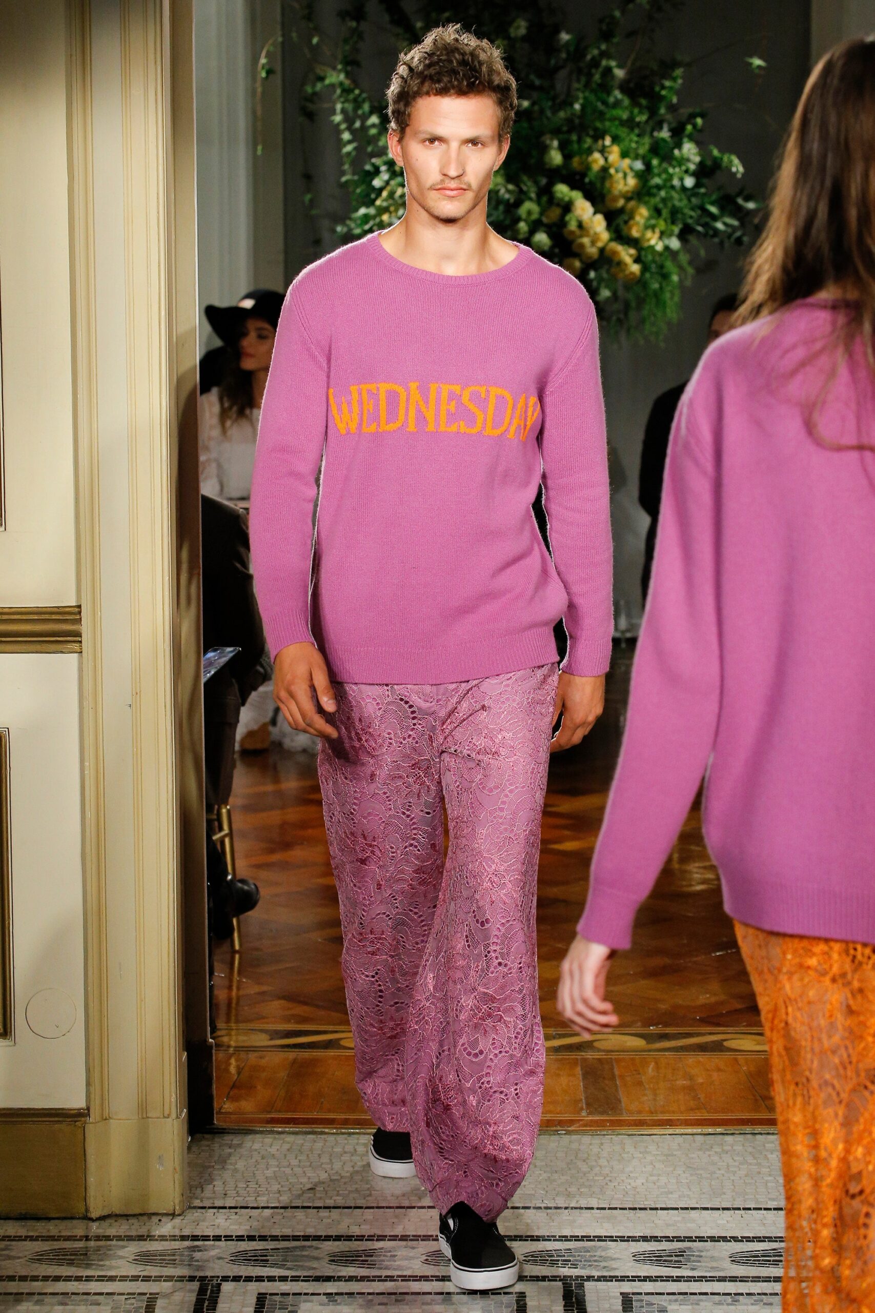 pink cotton long-sleeve collared relaxed printed sweater