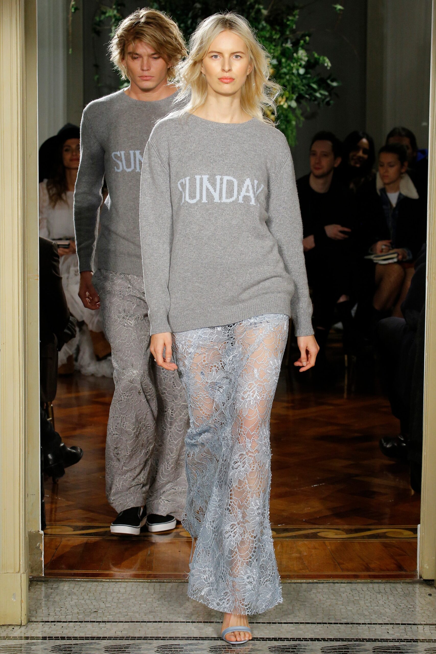 blue lace fitted flared sheer pants