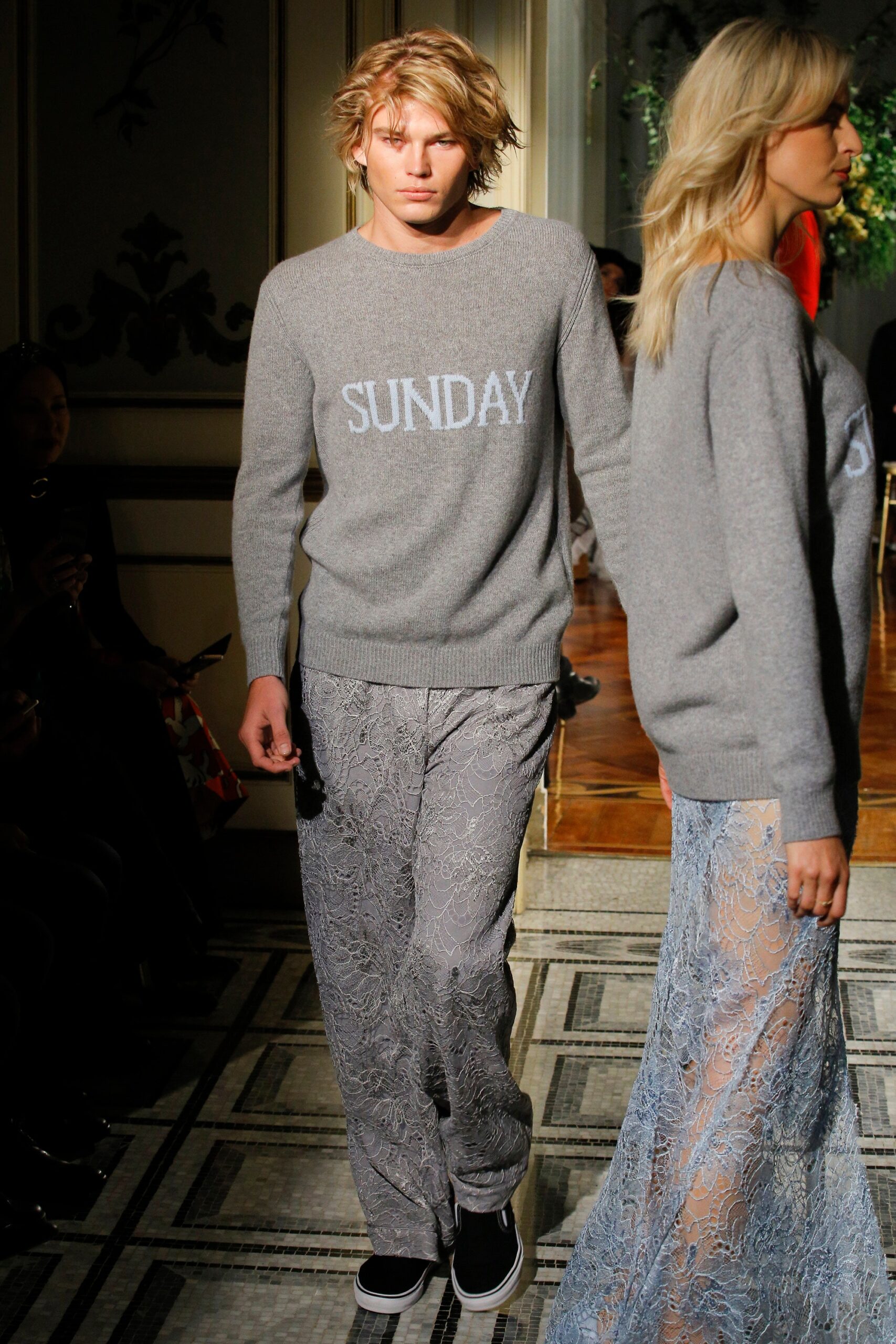 gray wool sweater and lace pants