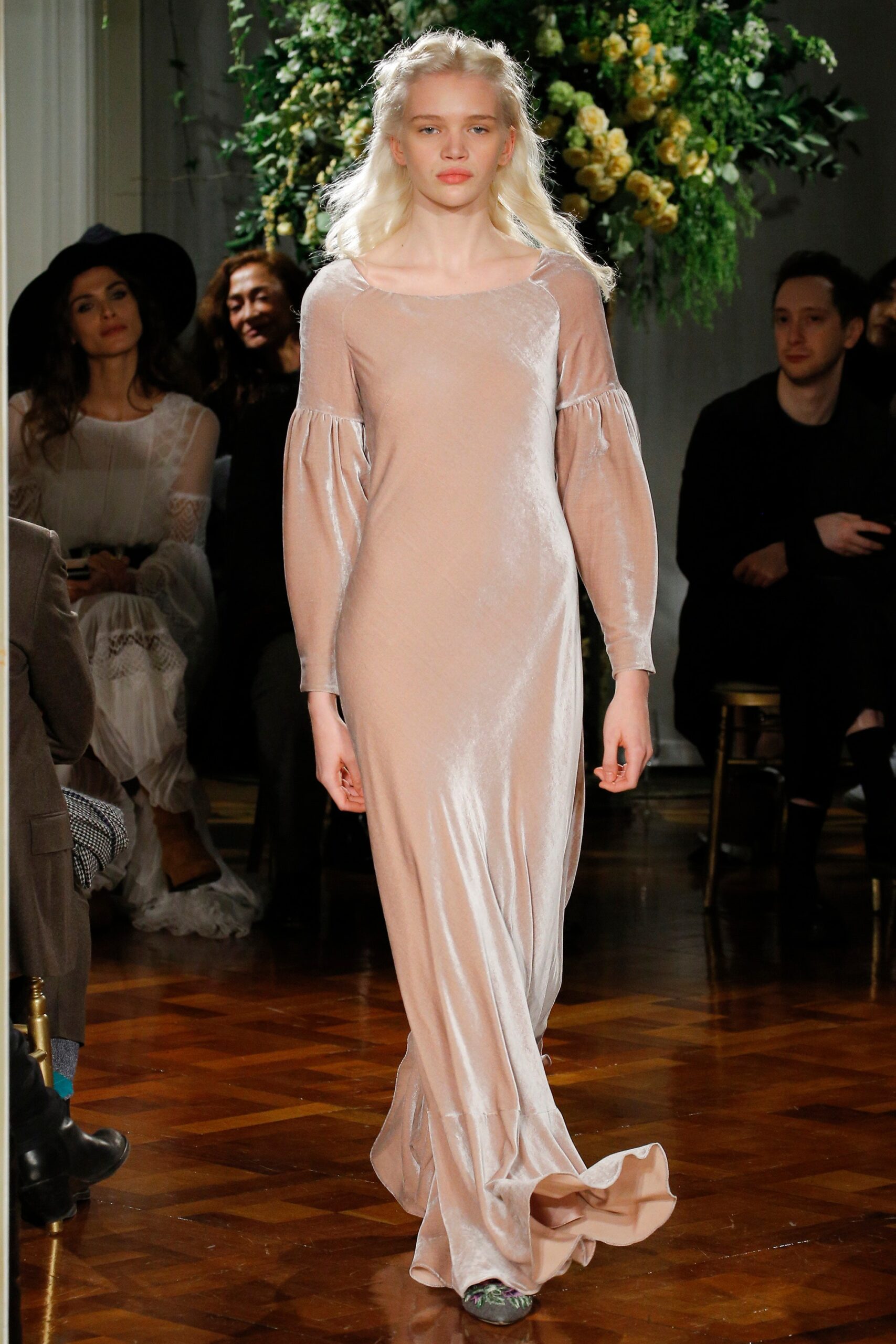 pink velvet long-sleeve gown