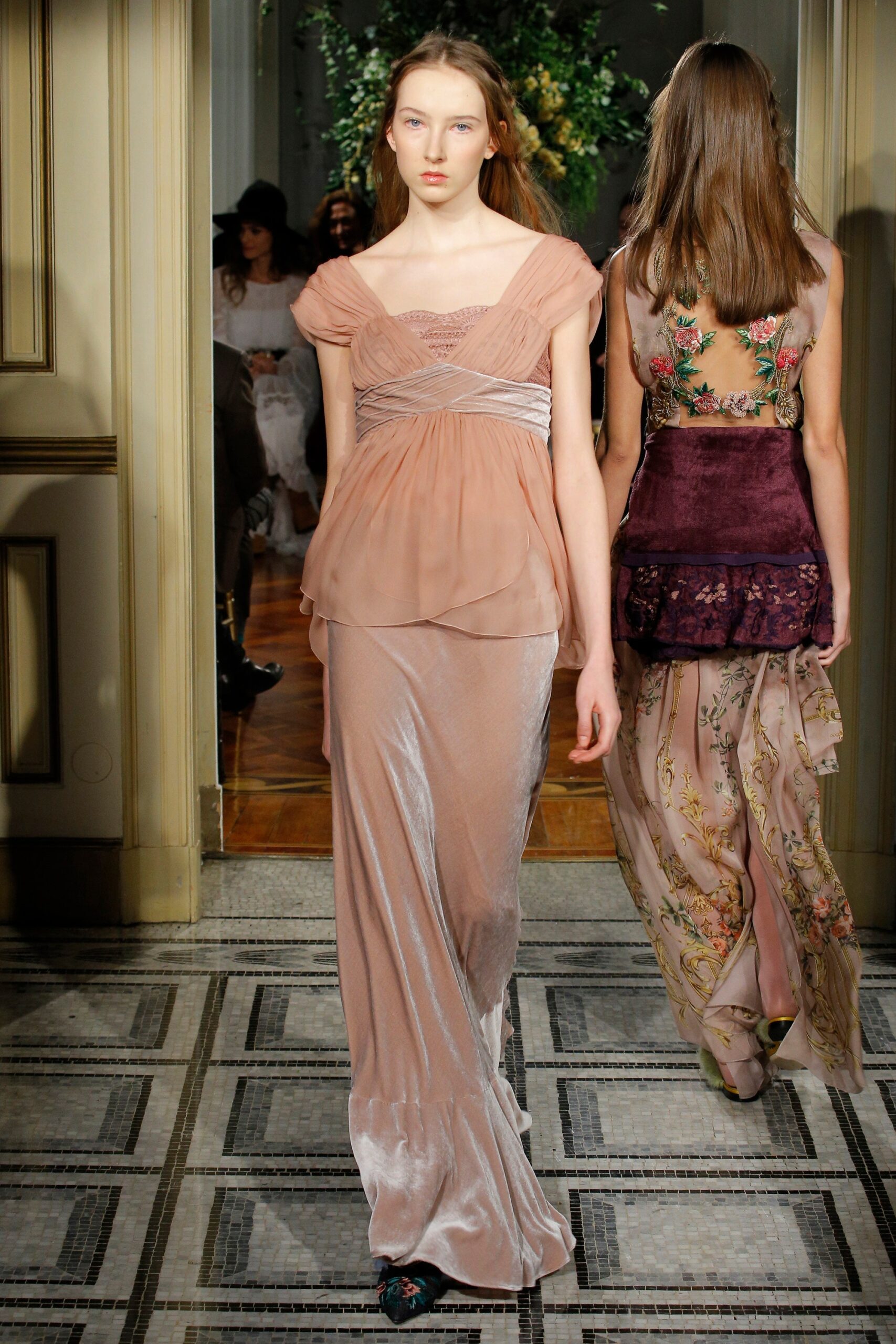 beige silk sleeveless v-neck fitted flared flowing dress