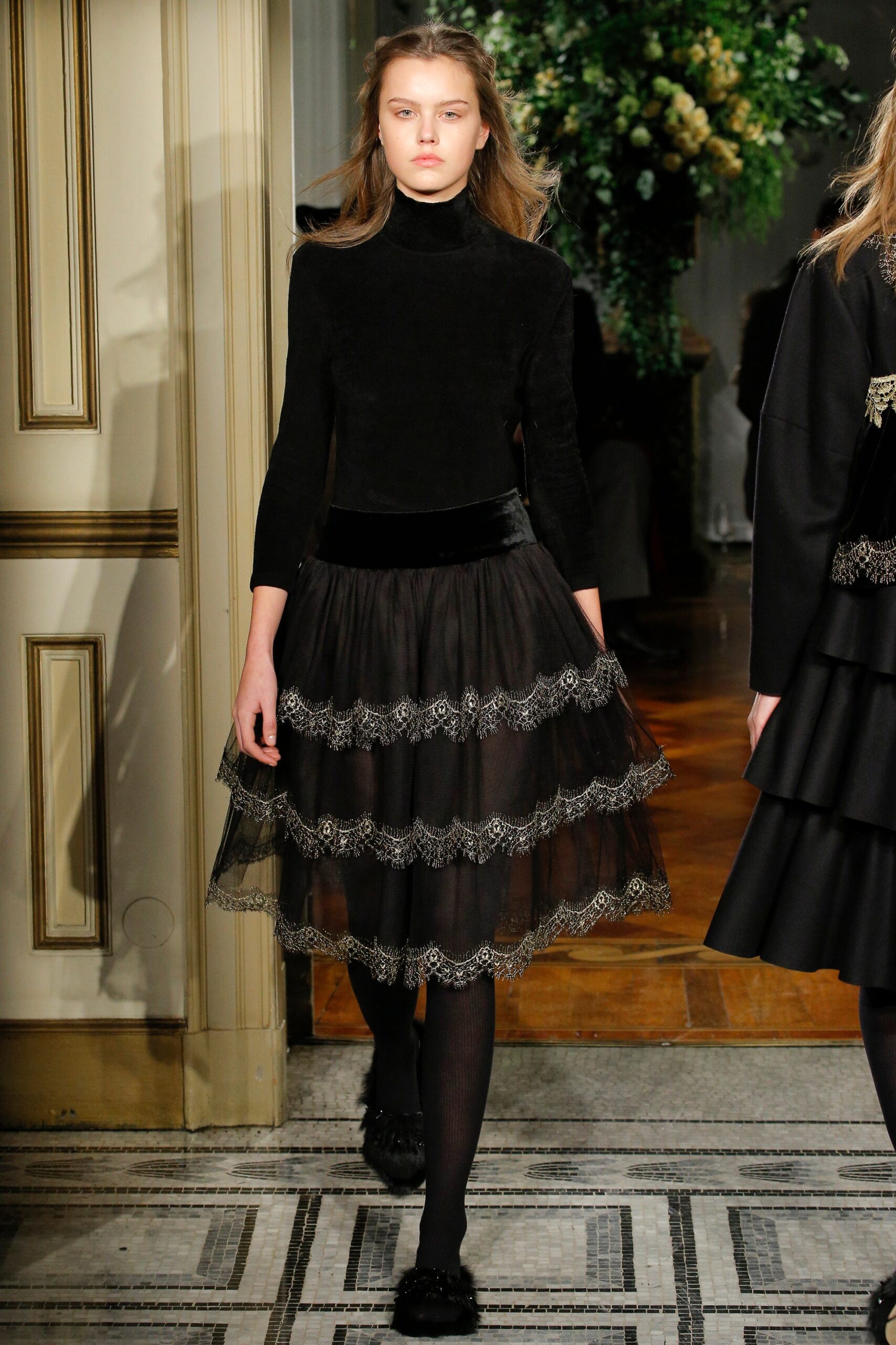 black silk fitted tiered midi skirt