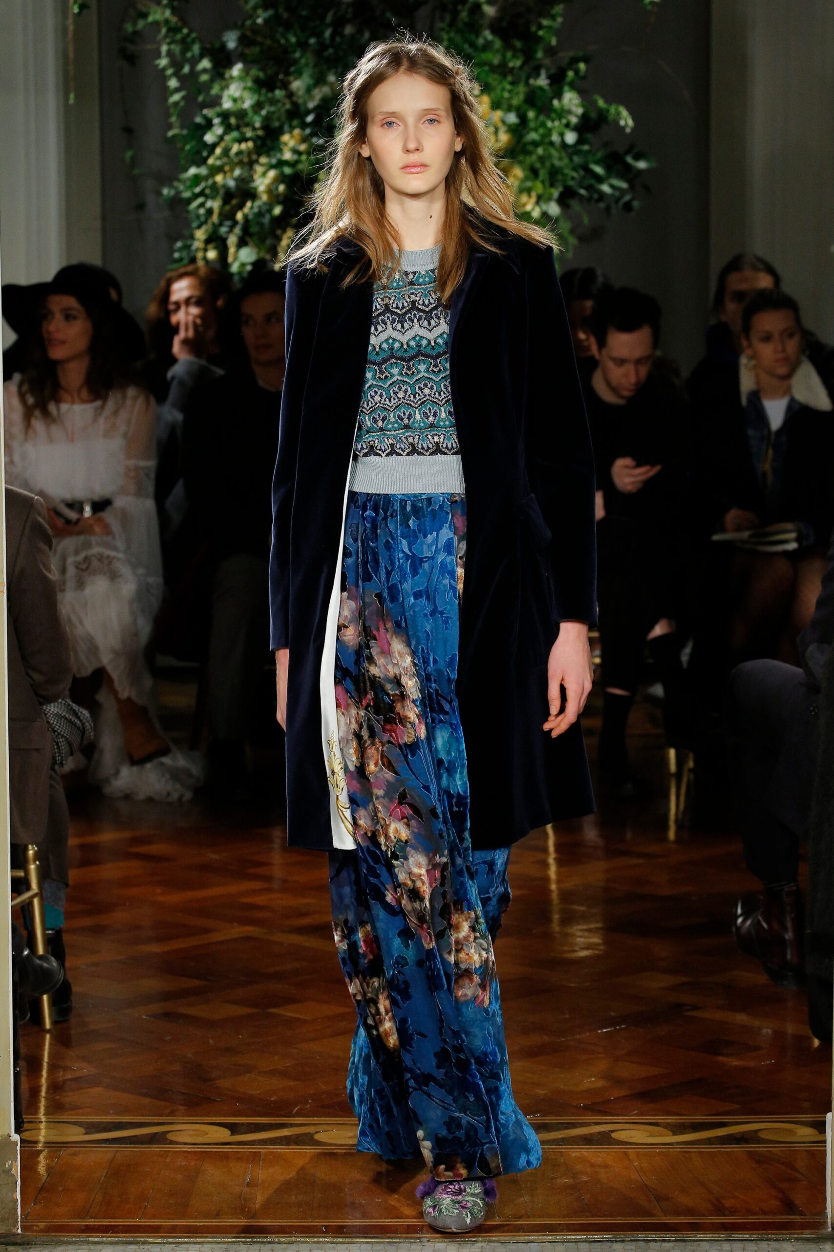 blue velvet long-sleeve collared relaxed buttoned coat
