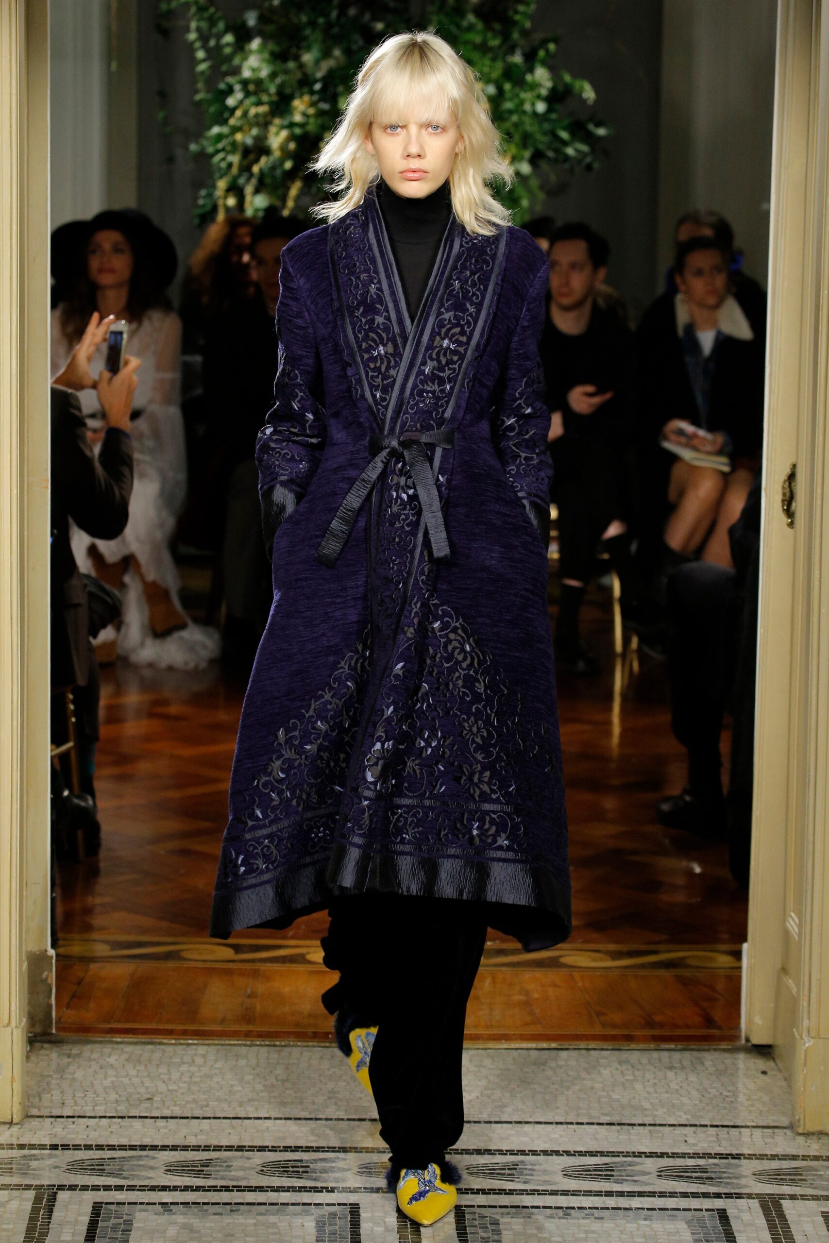 purple velvet long-sleeve collared relaxed embroidered belted coat