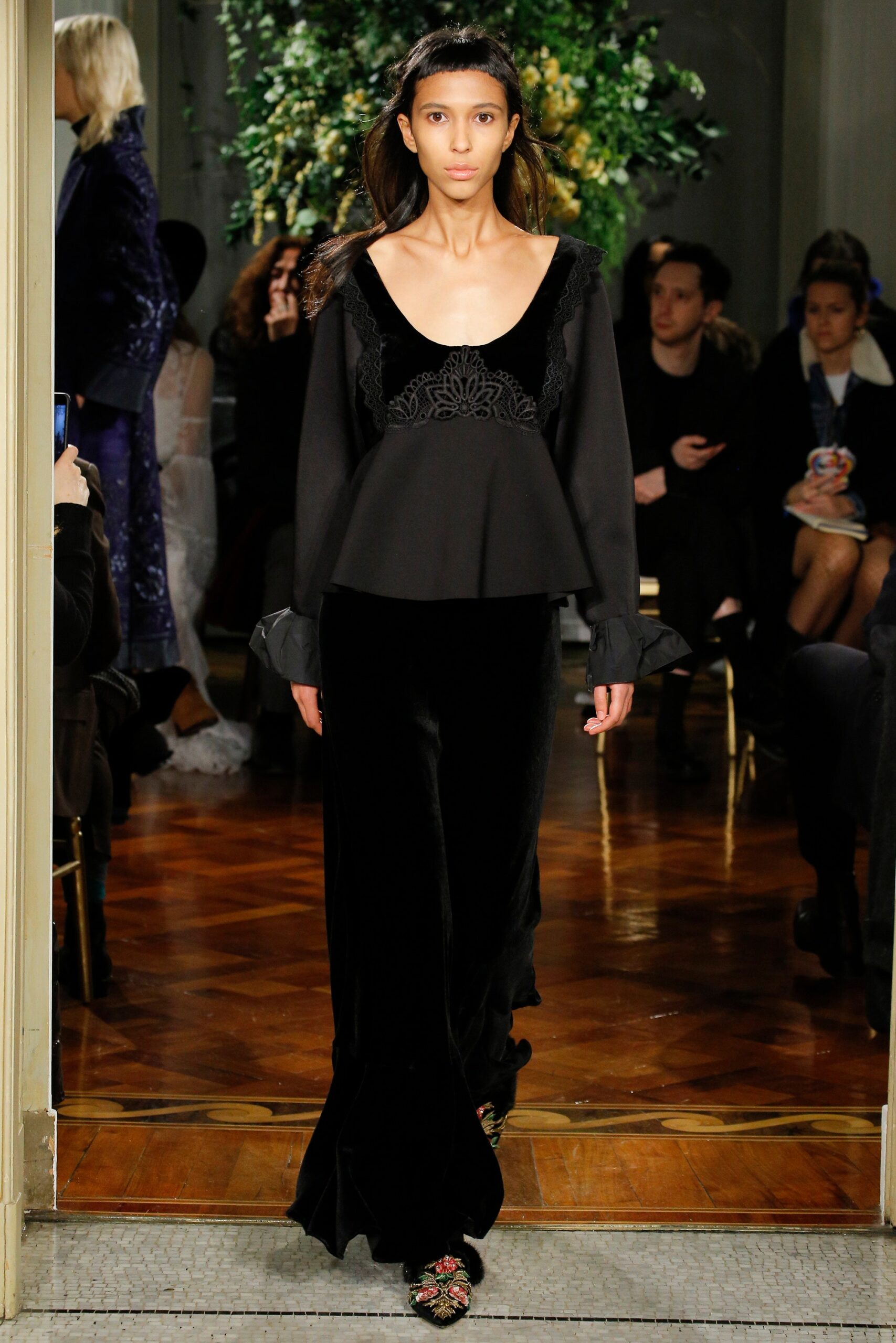 black velvet fitted straight-leg pants