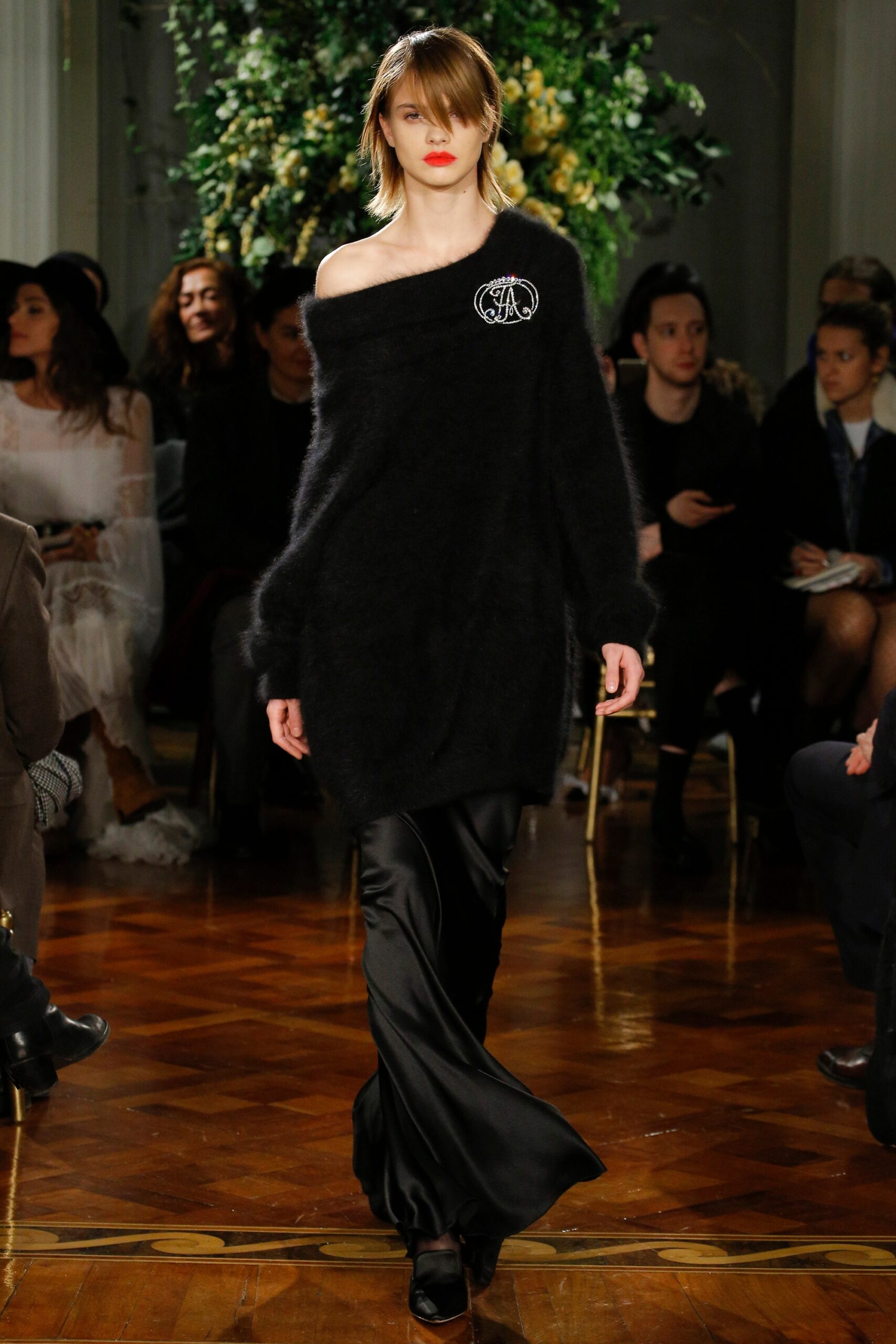 black wool long-sleeve off-shoulder oversized sweater
