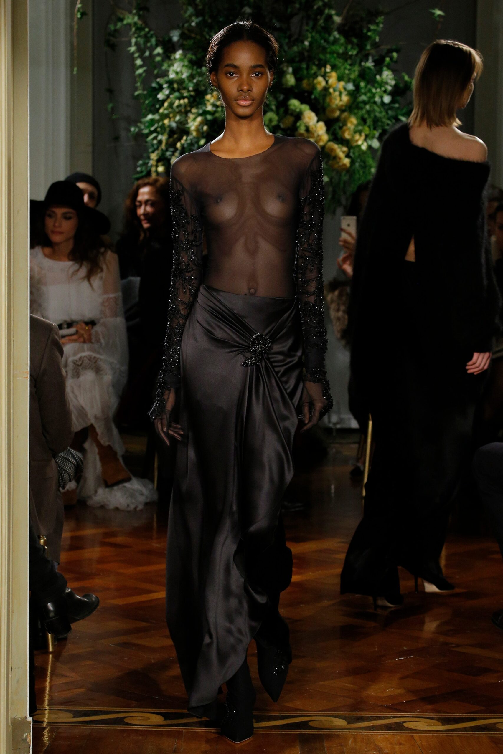 black silk fitted gown
