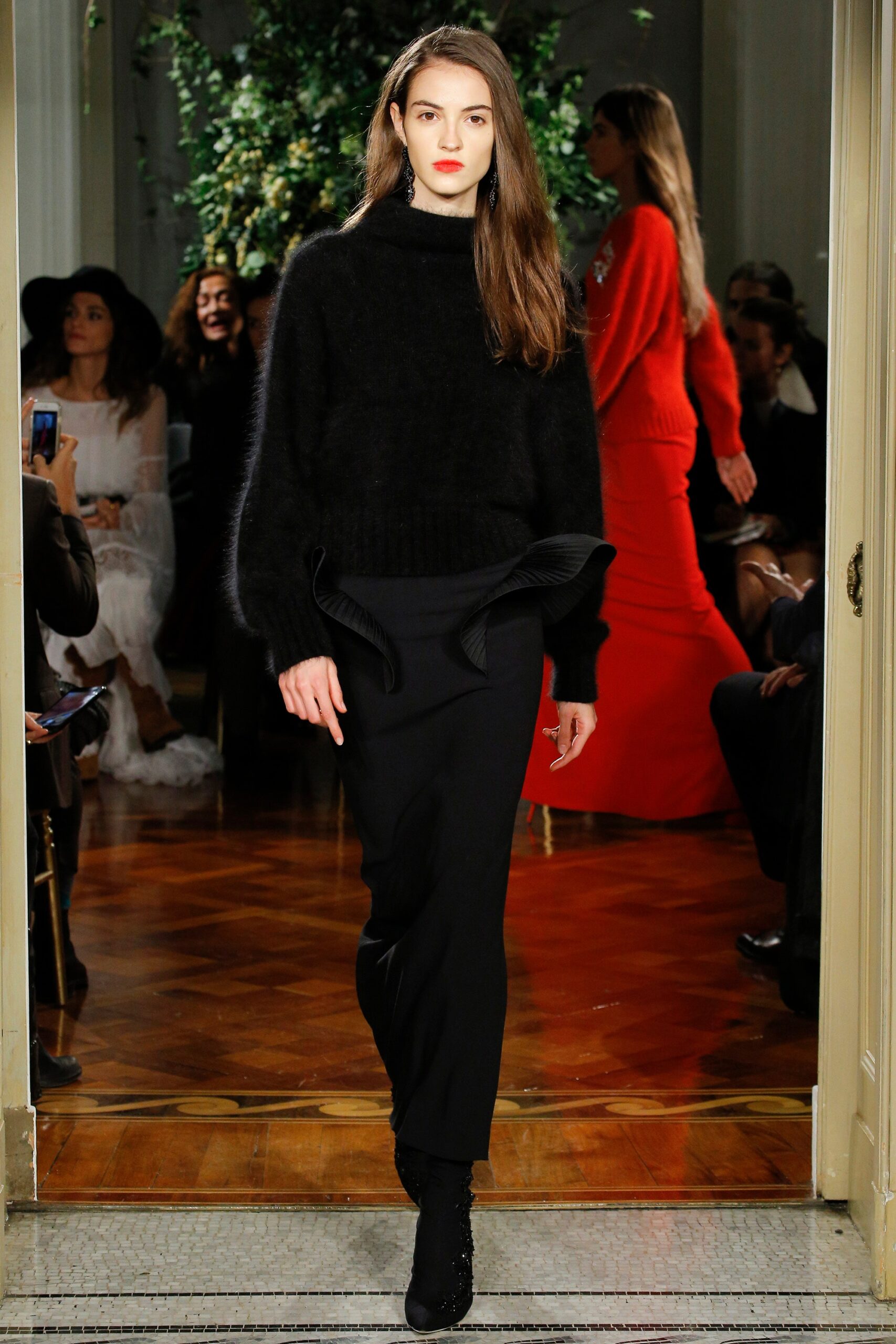 black wool long-sleeve high-neck fitted ruffled sweater